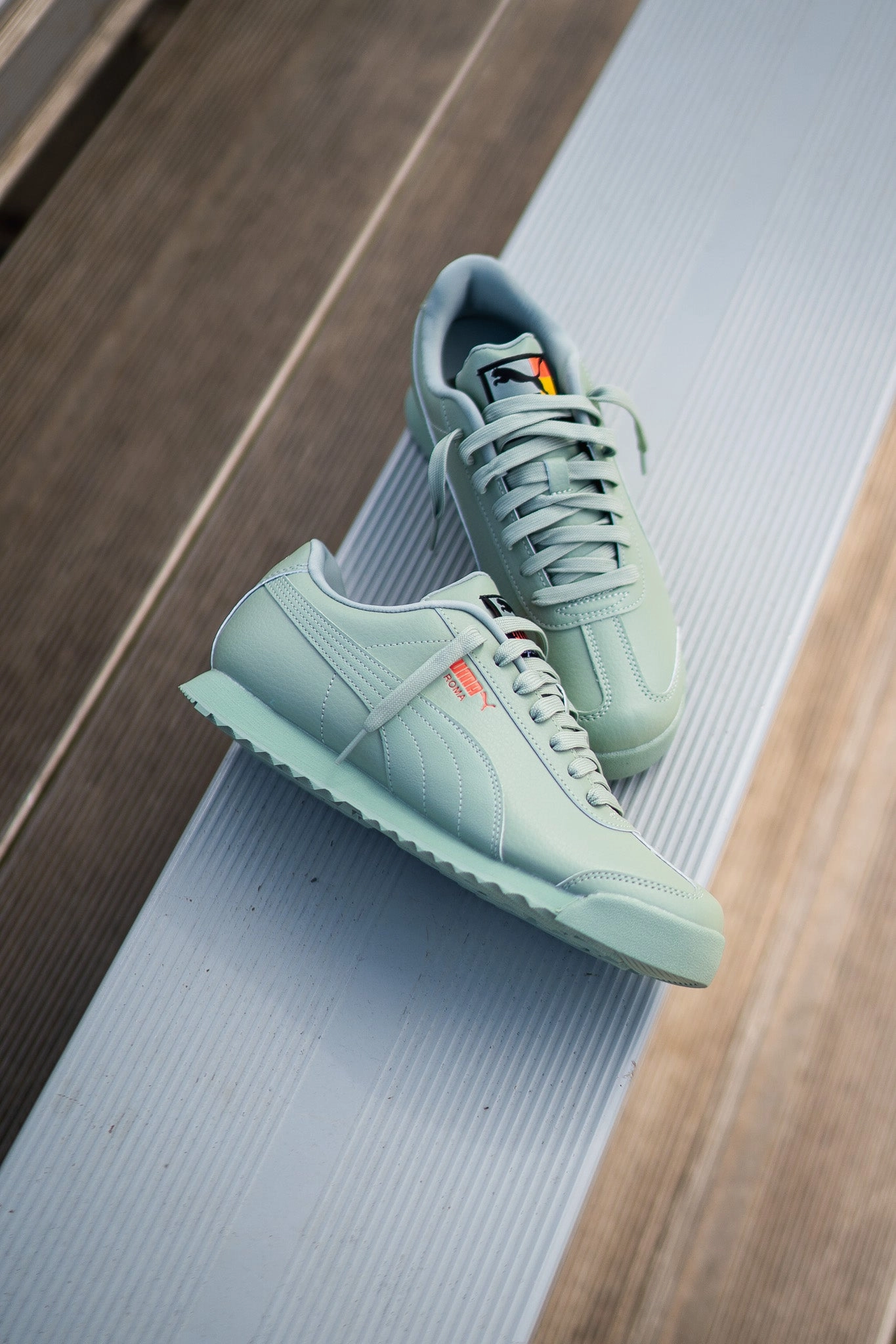 Shock Dissipating Walking Sneakers Mens Puma Roma Brand Love (Green Fog)