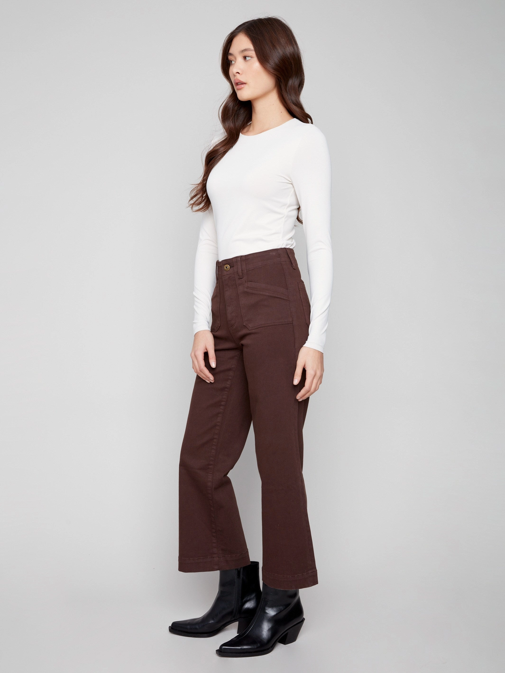 Cropped Wide Leg Stretch Twill Pants - Mocha Comfort Stretch Weave Autumn Days Family Style Eco Friendly