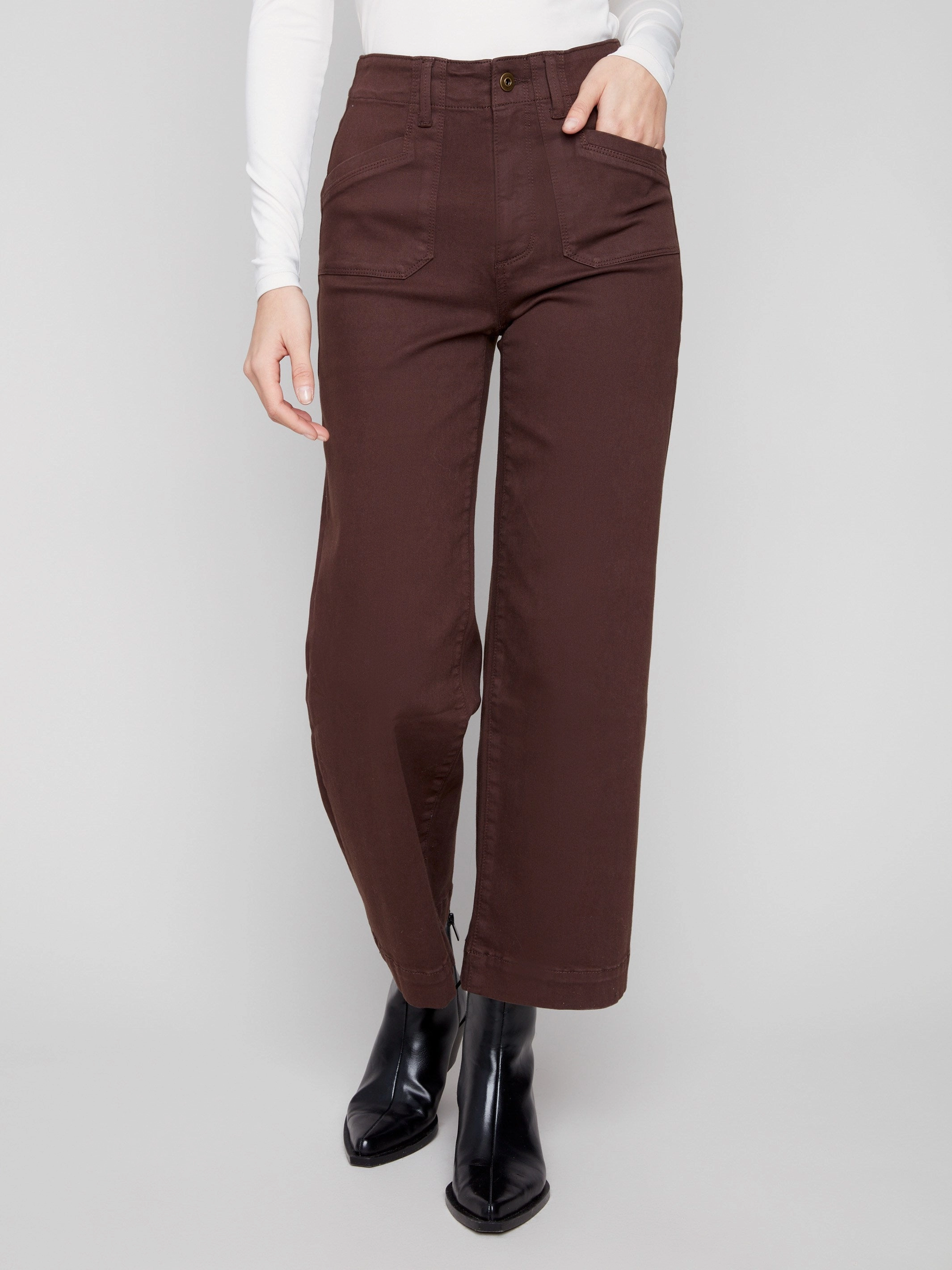 All-day Comfort Cropped Wide Leg Stretch Twill Pants - Mocha