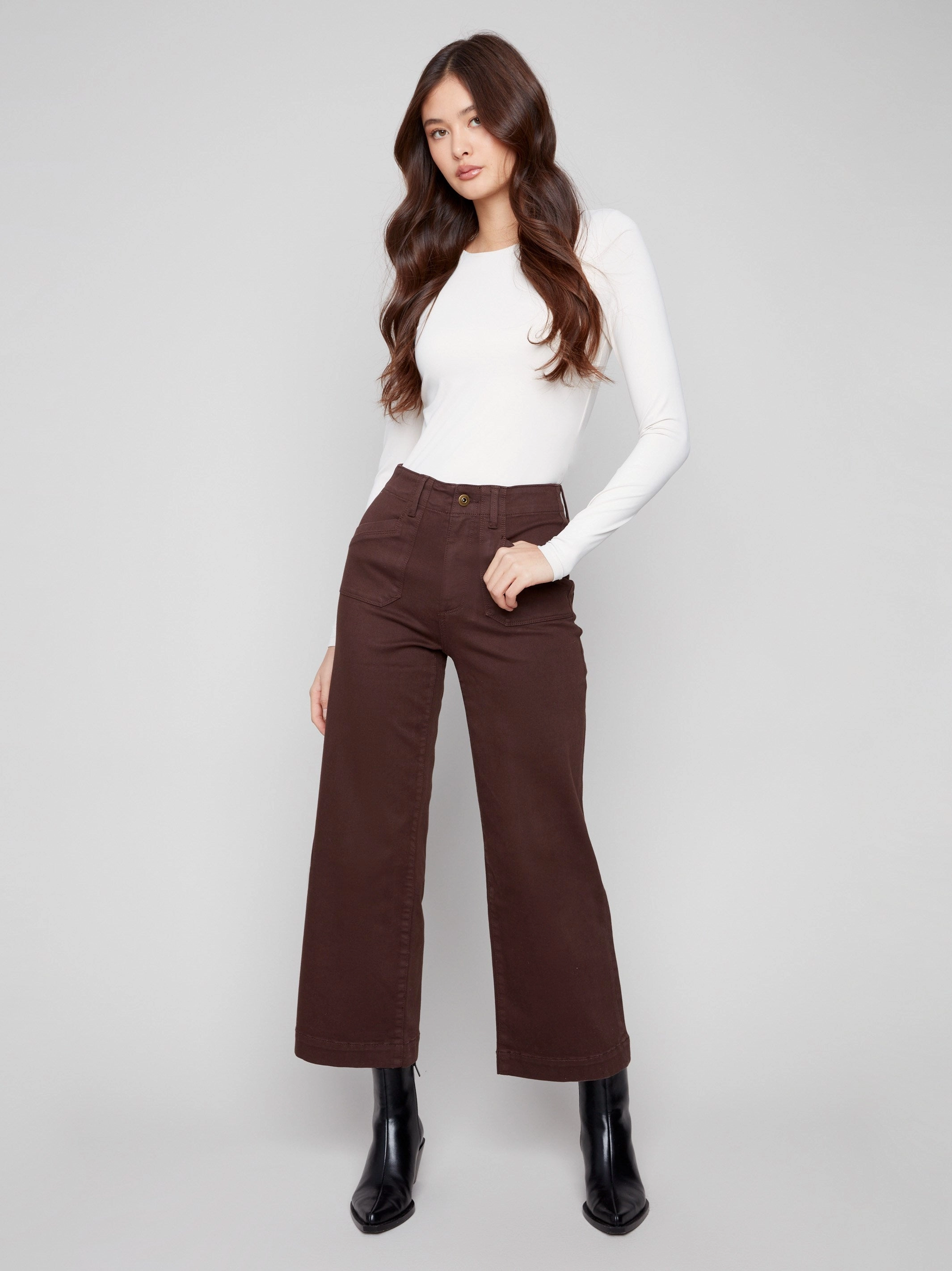 Neutral Mood Suitable Fit Cropped Wide Leg Stretch Twill Pants - Mocha