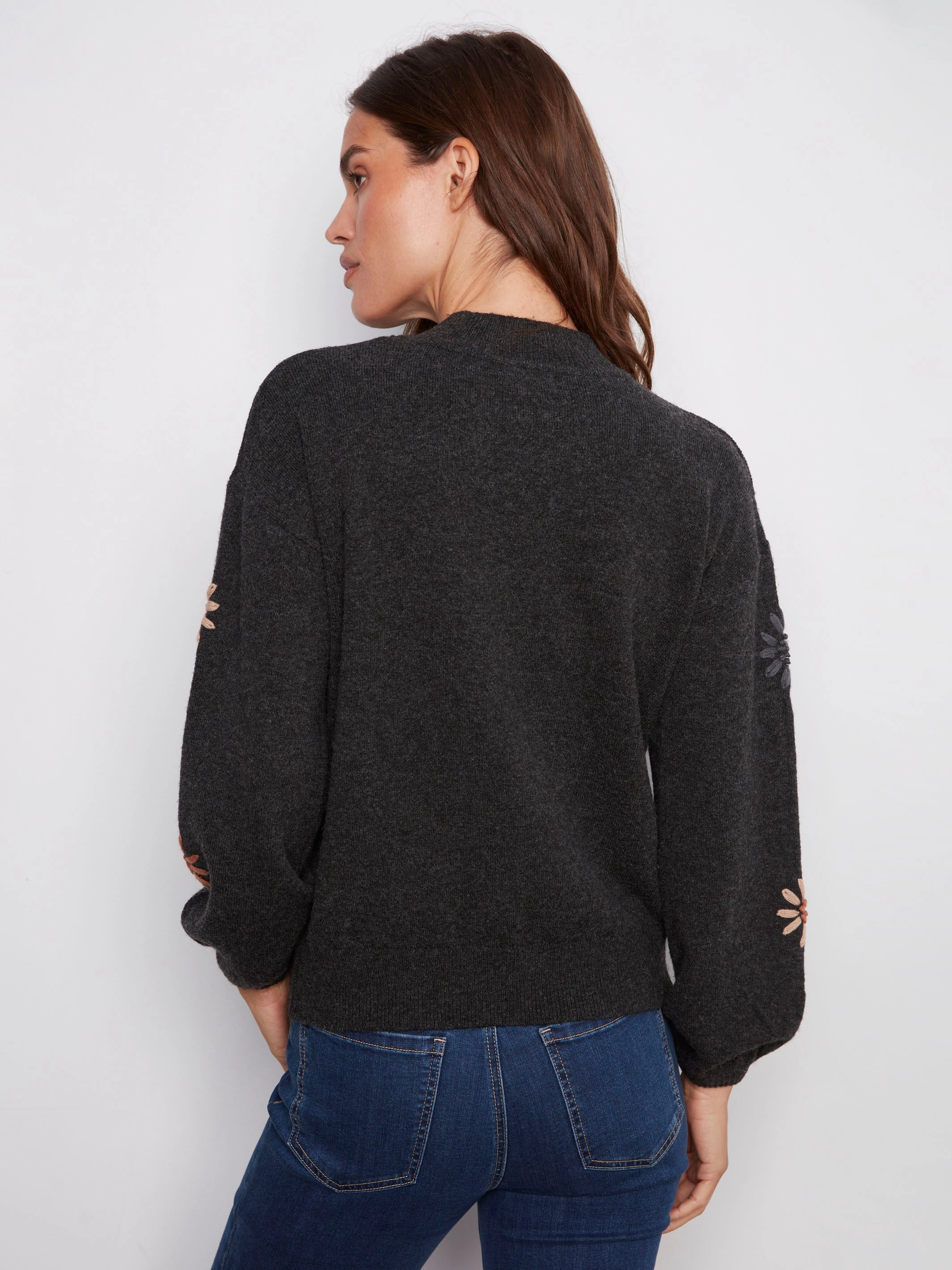 Cozy Mock Neck Sweater With Floral Embroidery - Heather Charcoal