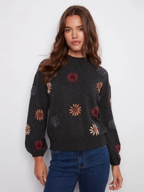 jewelry Mock Neck Sweater With Floral Embroidery - Heather Charcoal