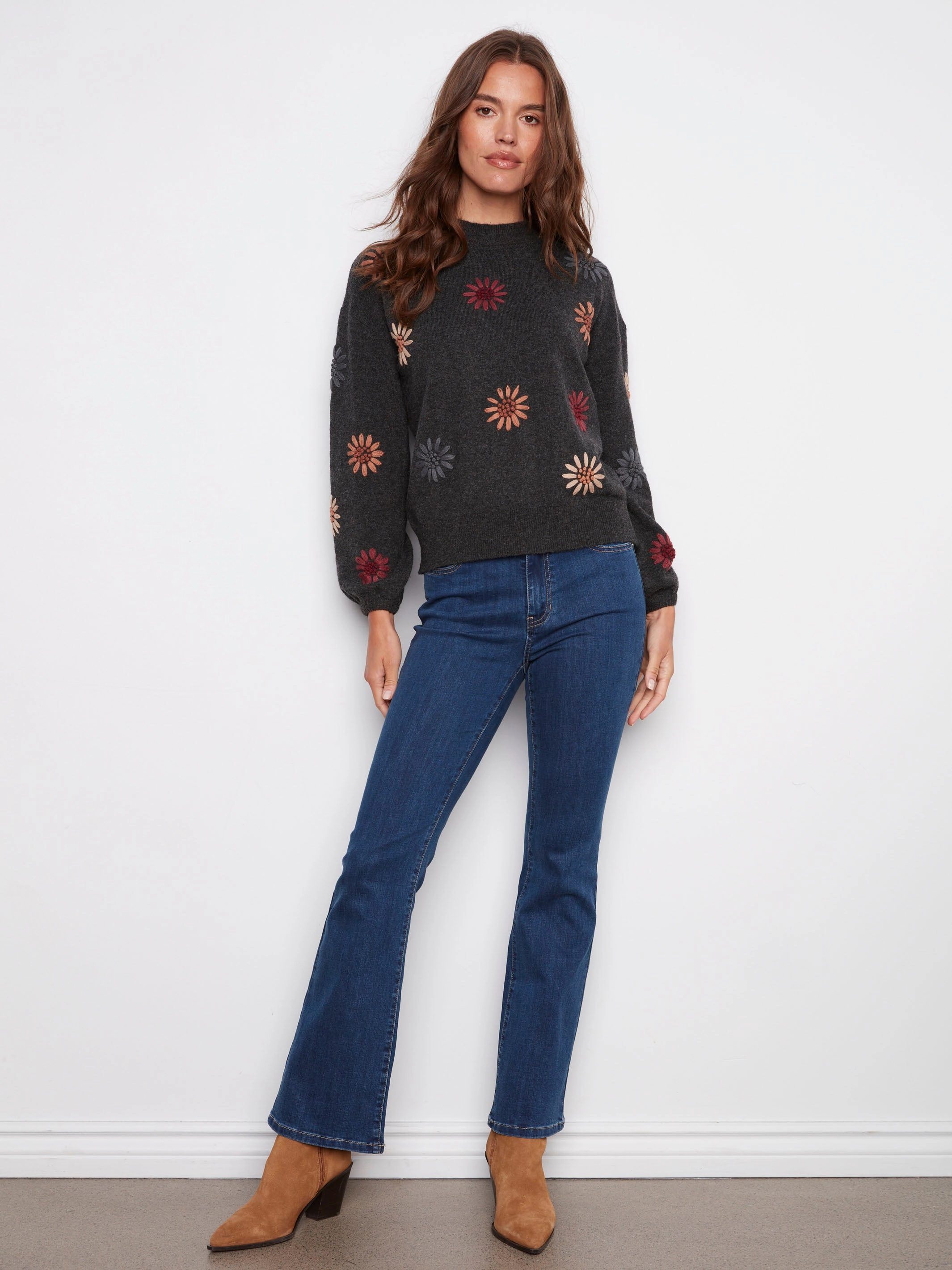 Mock Neck Sweater With Floral Embroidery - Heather Charcoal gym - goer Stretchy