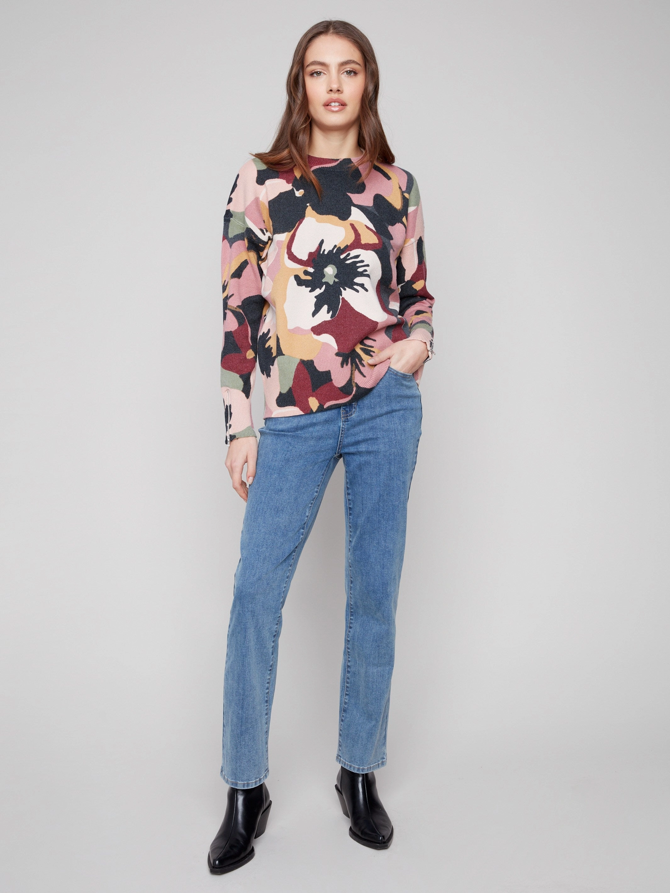 Printed Crew Neck Sweater With Sleeve Zippers - Flowery Businesswoman