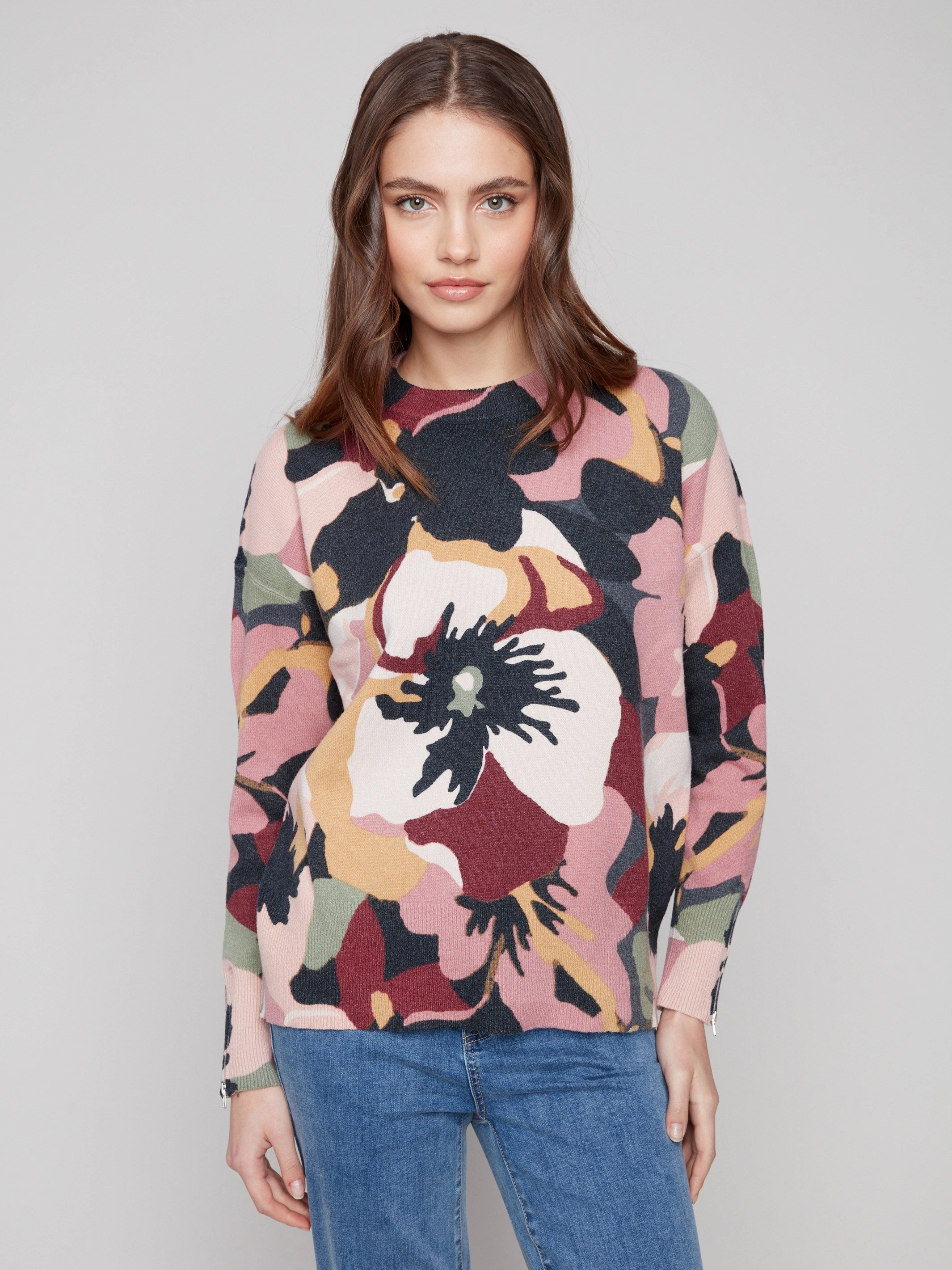 Rural road festival Printed Crew Neck Sweater With Sleeve Zippers - Flowery