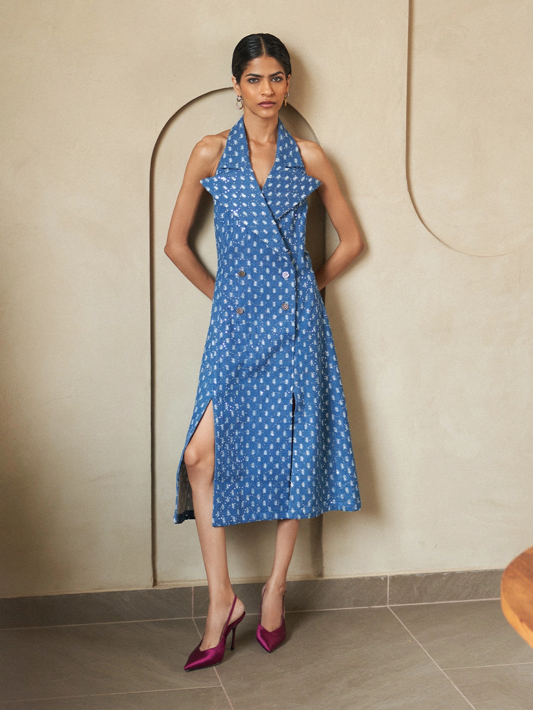 Beadwork Calm Finish Glitzy Denim Lapel Slit Dress