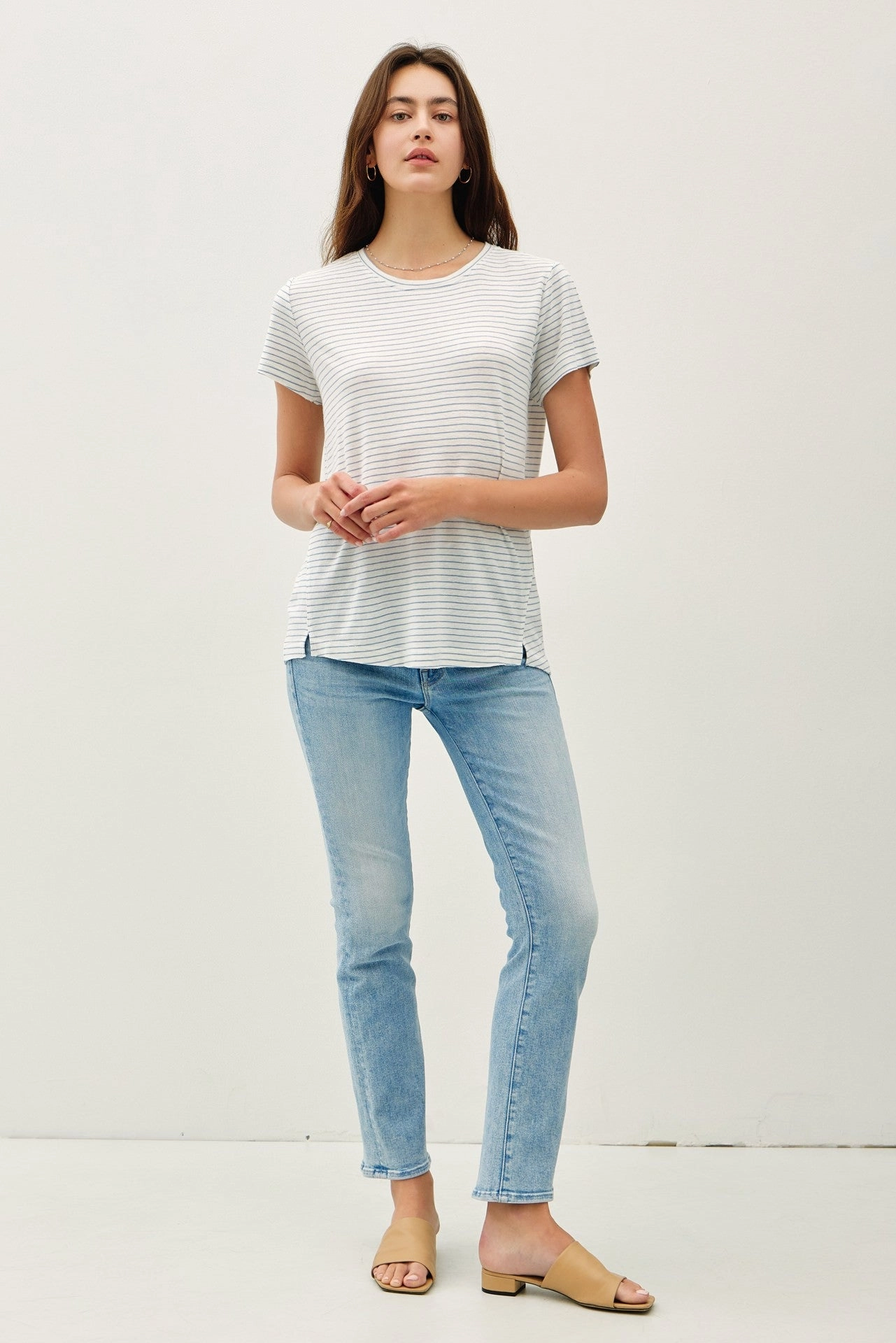 LINEN BLEND FINE STRIPE TEE QuickDrying