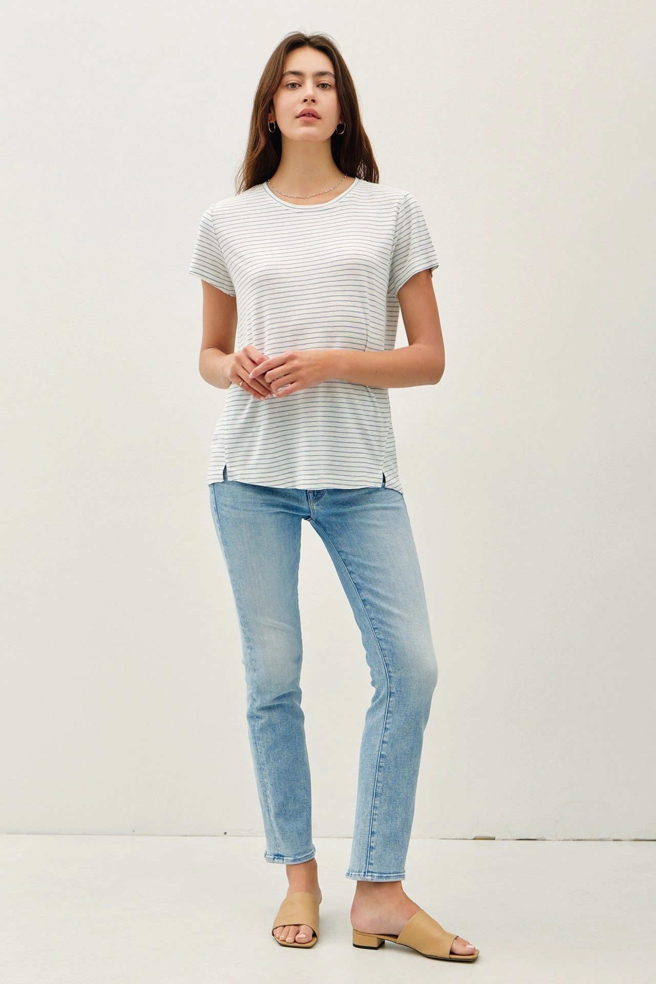 Moisture Control Lining LINEN BLEND FINE STRIPE TEE