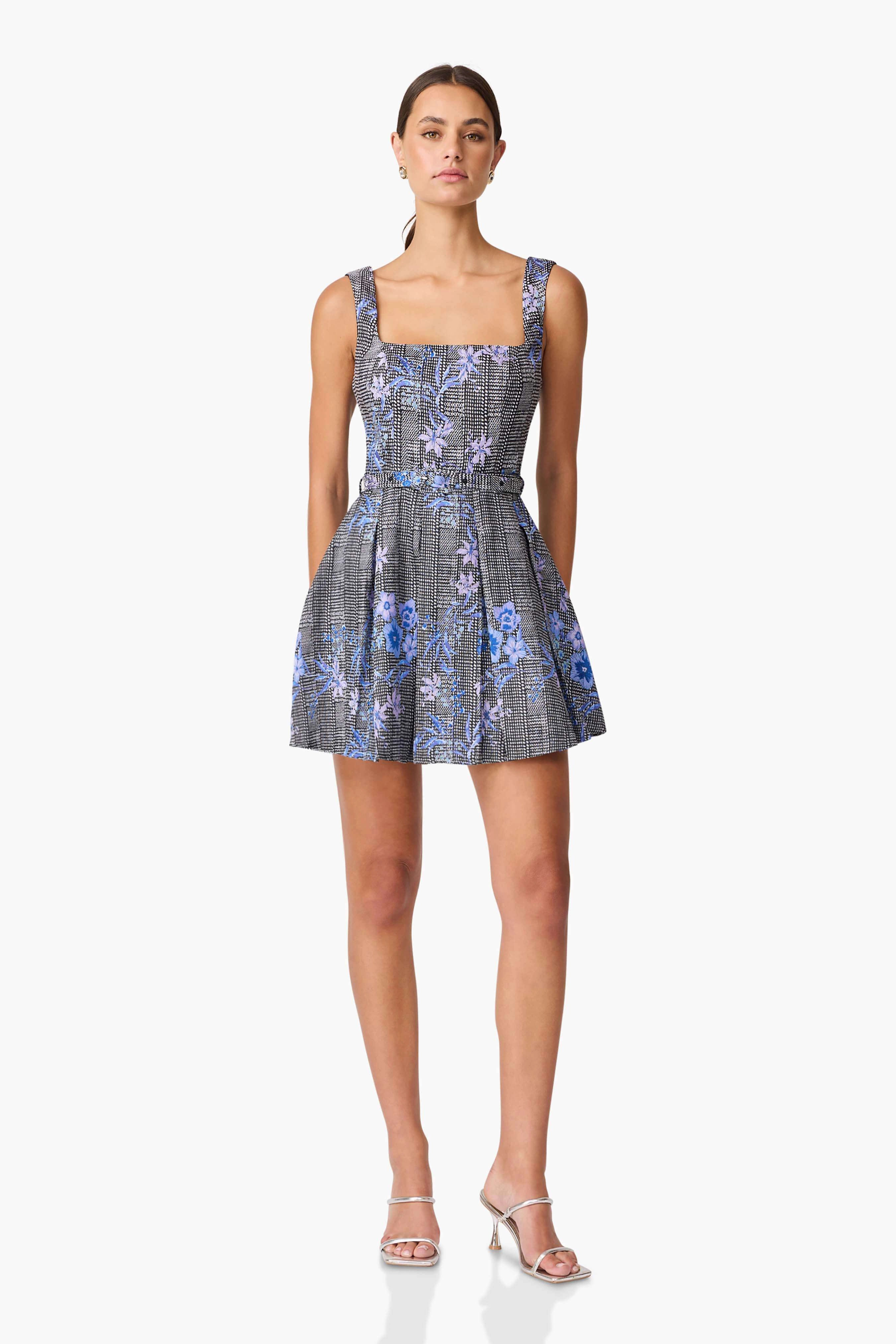 Jewel-Tone Cool Finish Allana Jacquard Mini Dress in Black & Blue Floral