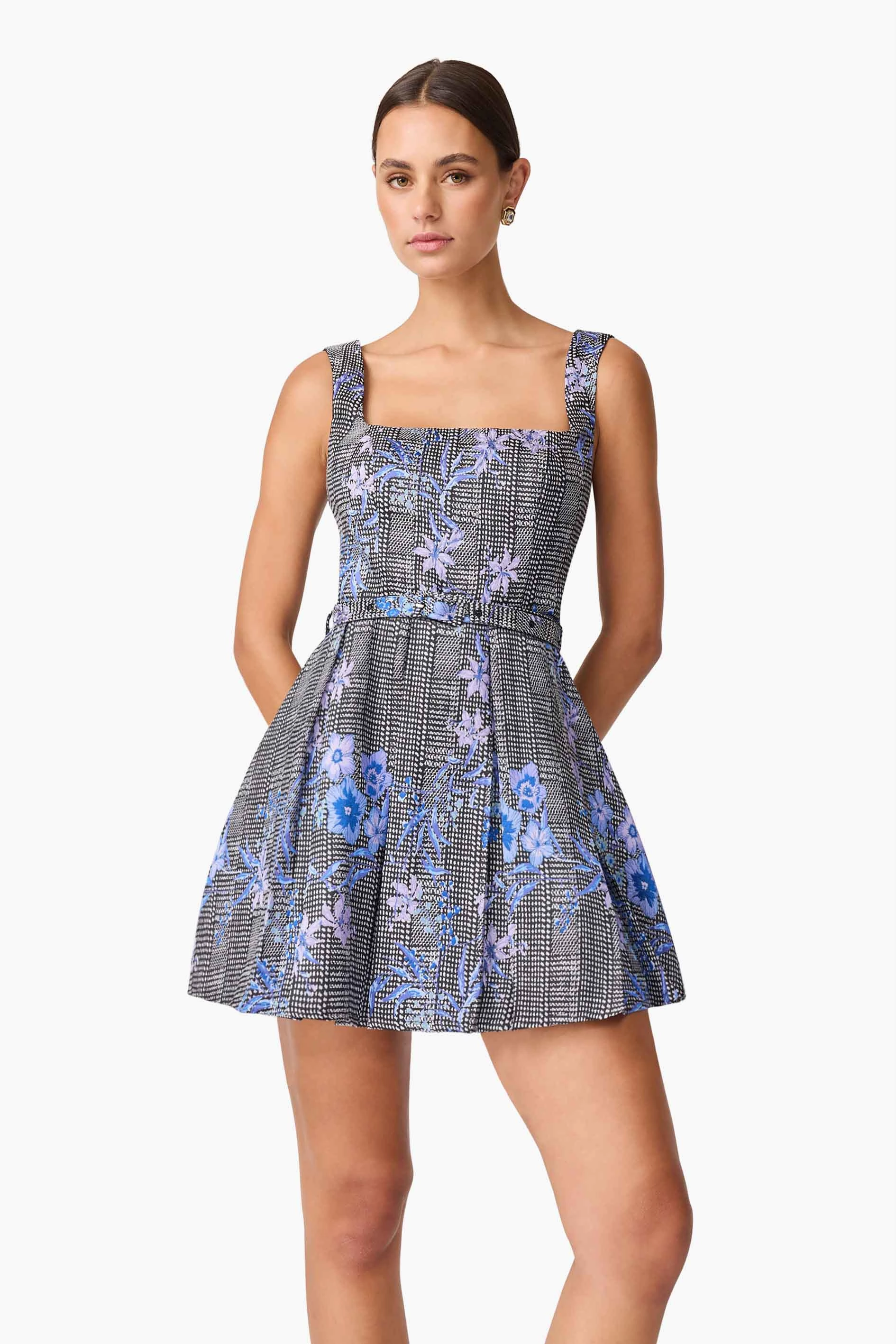 wrap waist Refined Line Allana Jacquard Mini Dress in Black & Blue Floral