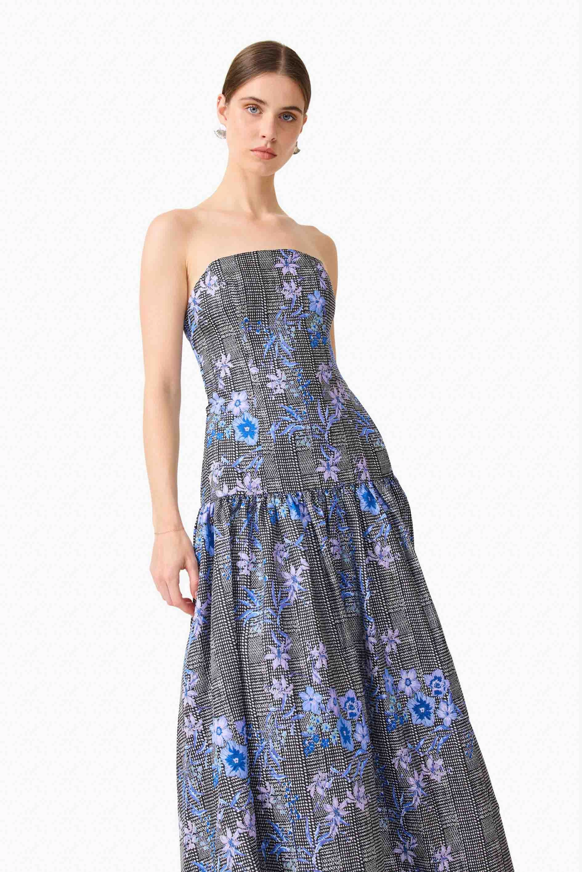 Allana Jacquard Strapless Gown in Black & Blue Floral Modern Motion Effortless Pair
