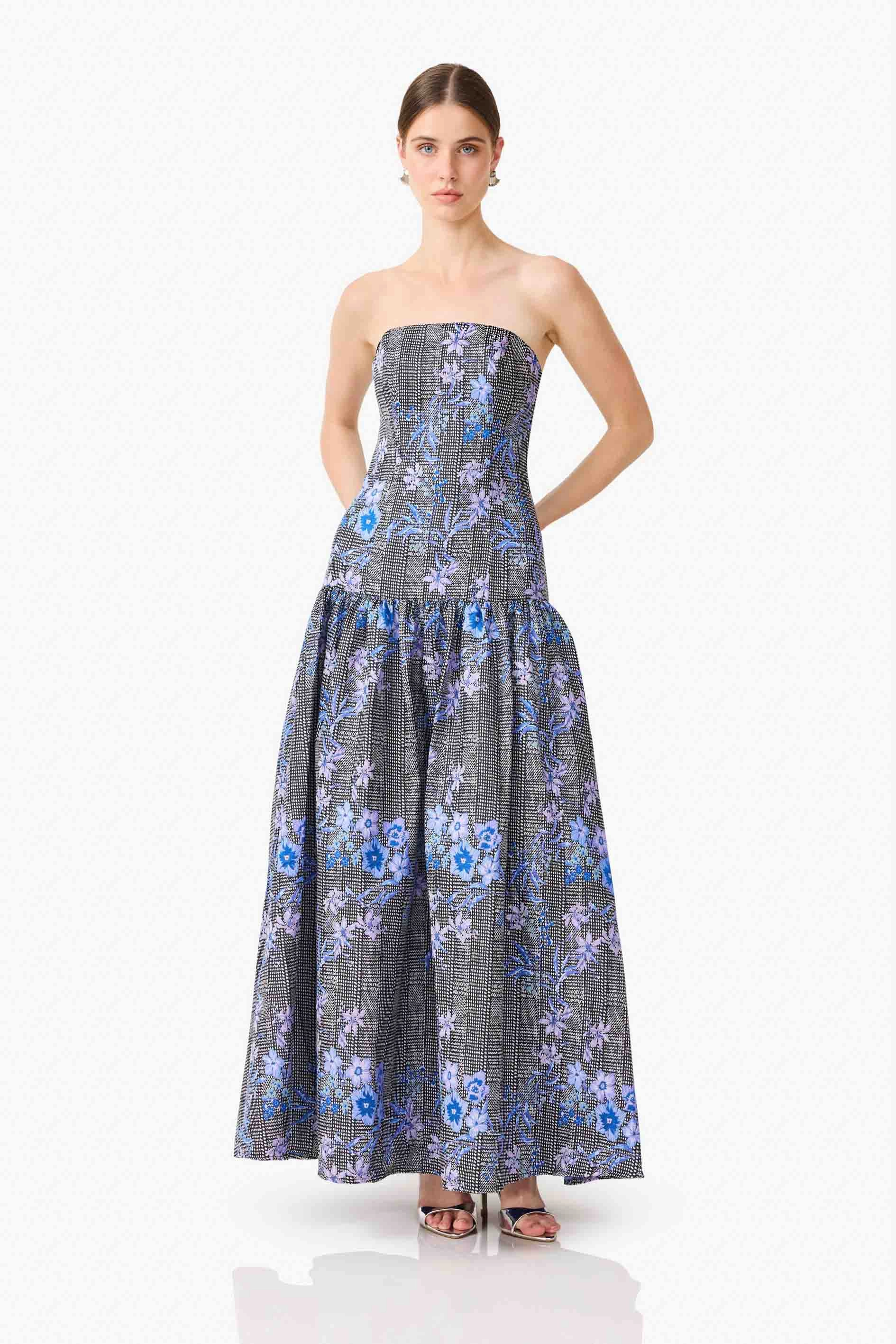 Allana Jacquard Strapless Gown in Black & Blue Floral Sophisticated Layers