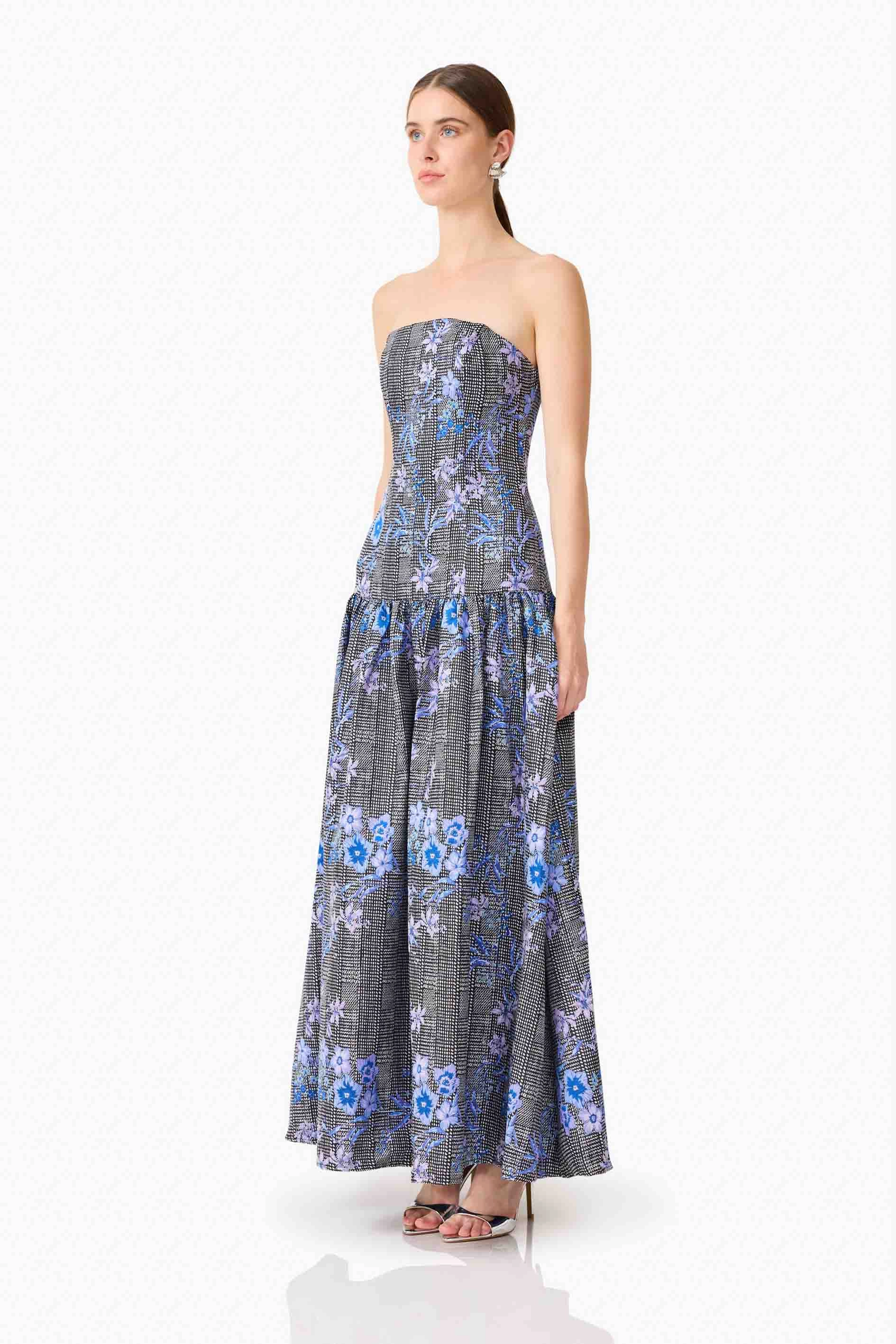 Allana Jacquard Strapless Gown in Black & Blue Floral Vibrant Style Resort Ready