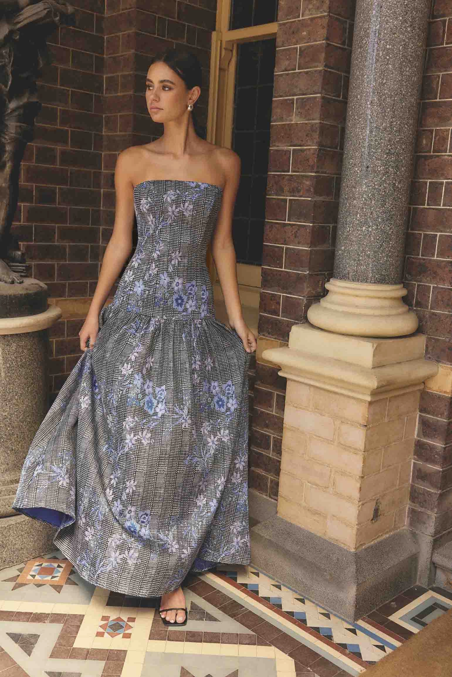 Special-Occasion Sporty Look Allana Jacquard Strapless Gown in Black & Blue Floral