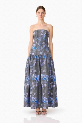Travel-Pack Allana Jacquard Strapless Gown in Black & Blue Floral