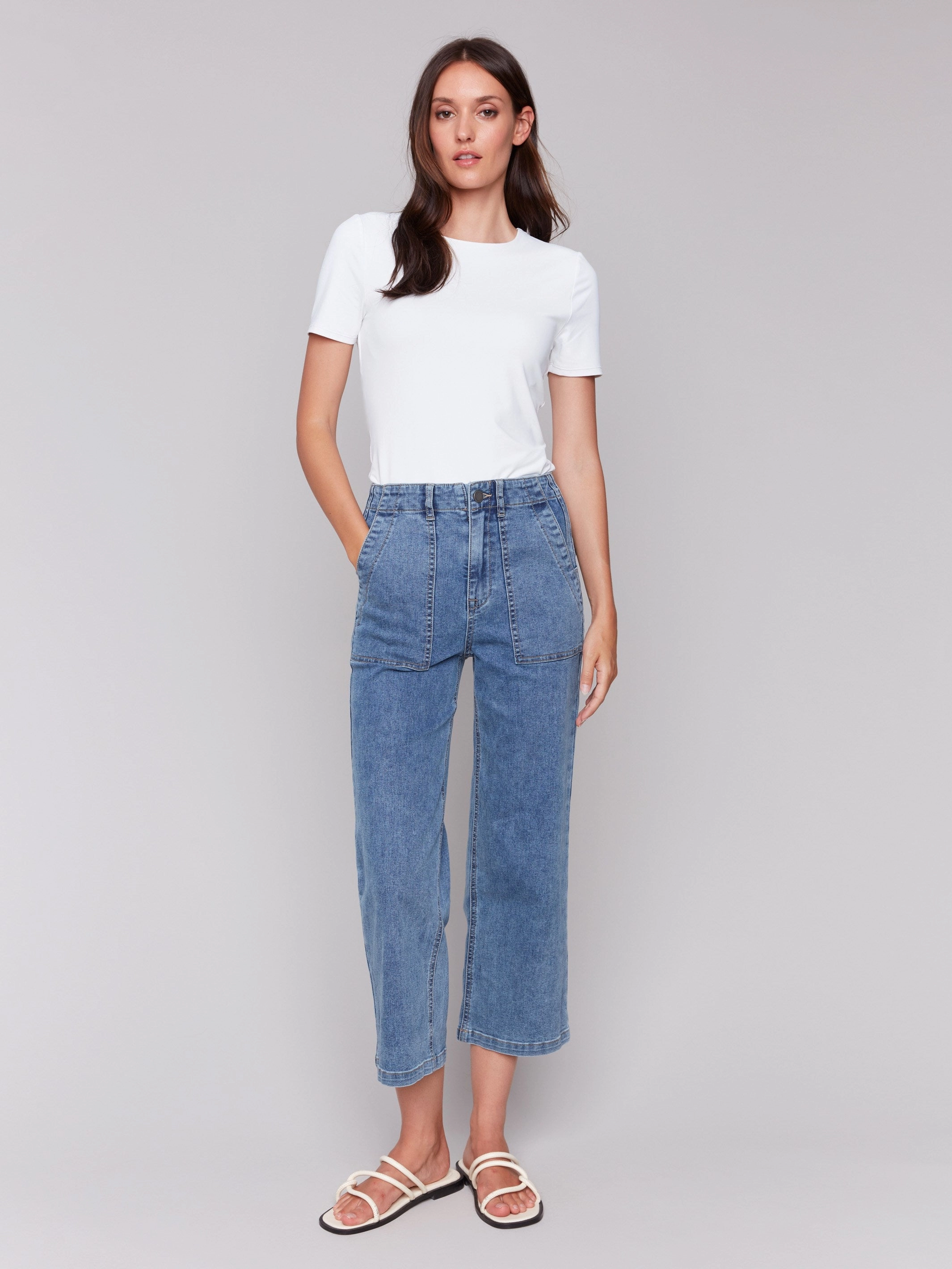 High Rise Cropped Utility Pocket Jeans - Medium Blue