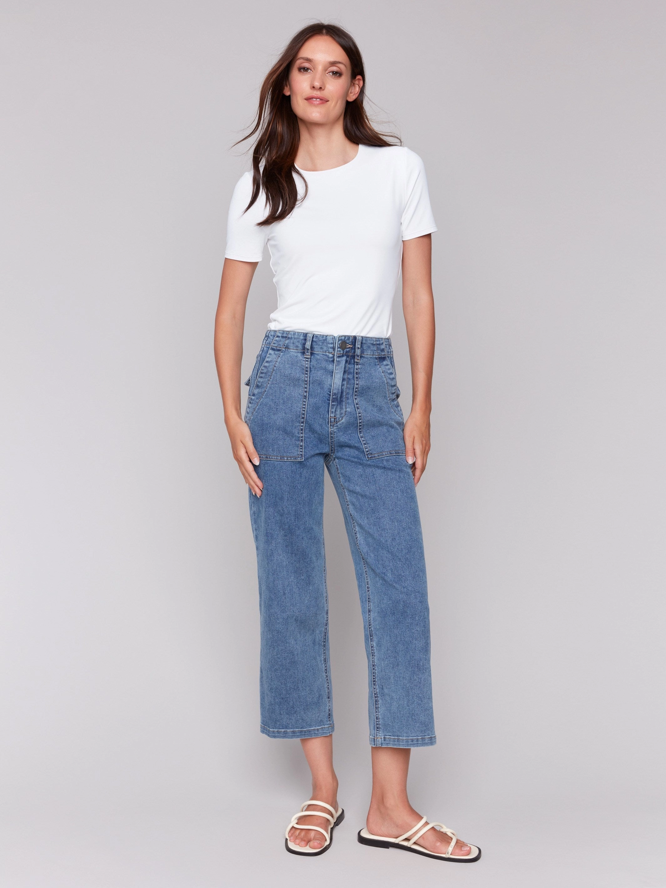 Cool Outfit Cropped Utility Pocket Jeans - Medium Blue