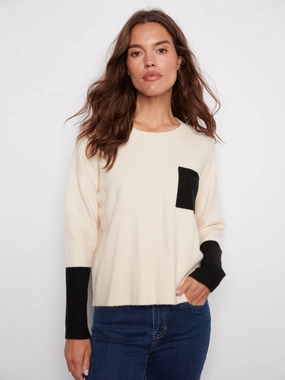 Pre Shrunk Cotton Blend Crew Neck Sweater With Contrast Details - Ecru