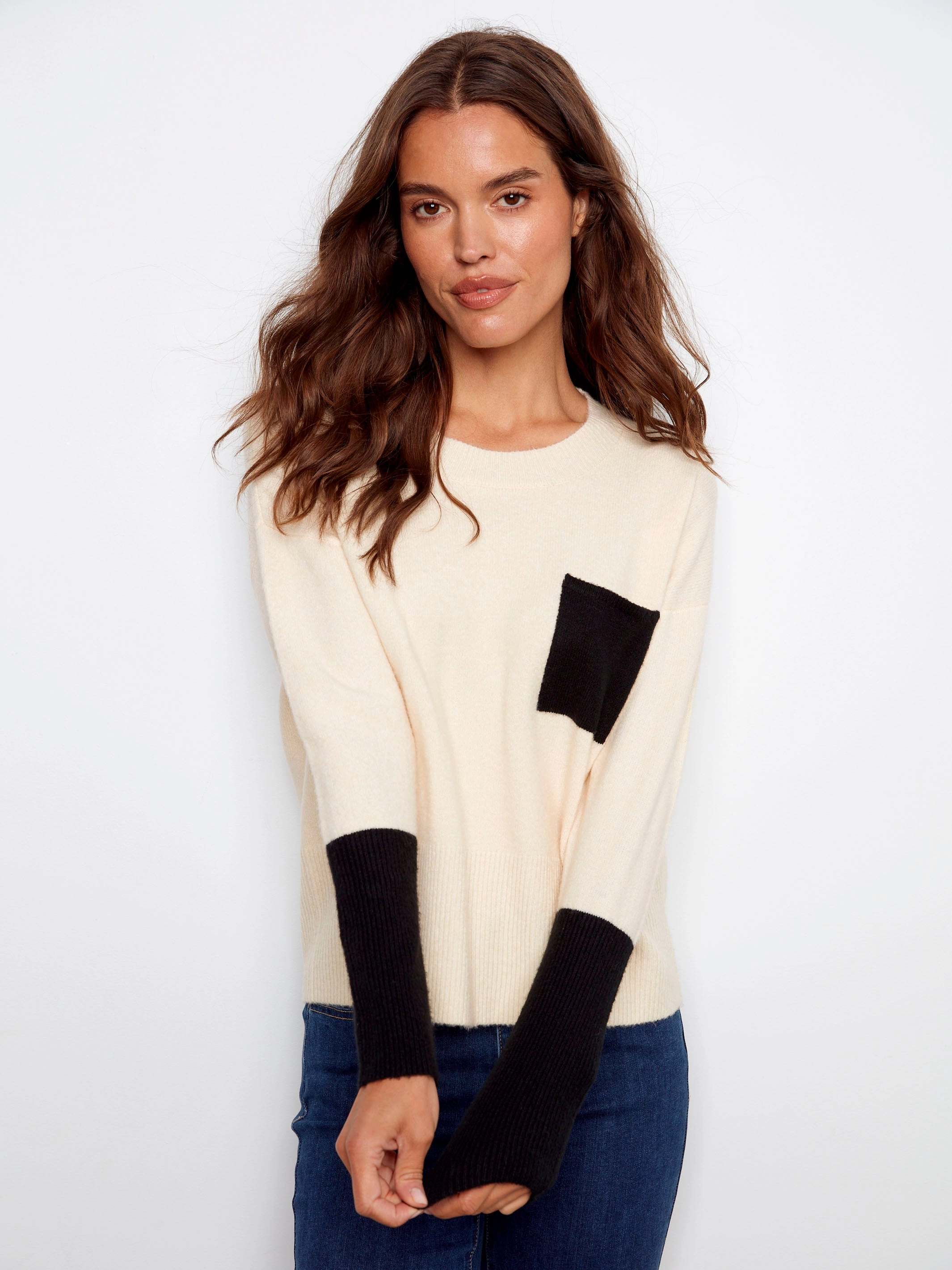 Metallic Crew Neck Sweater With Contrast Details - Ecru