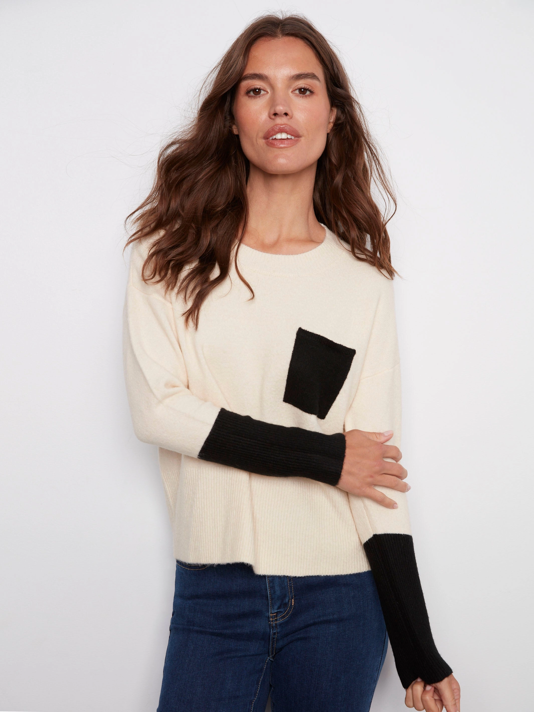 Crew Neck Sweater With Contrast Details - Ecru Rare Find