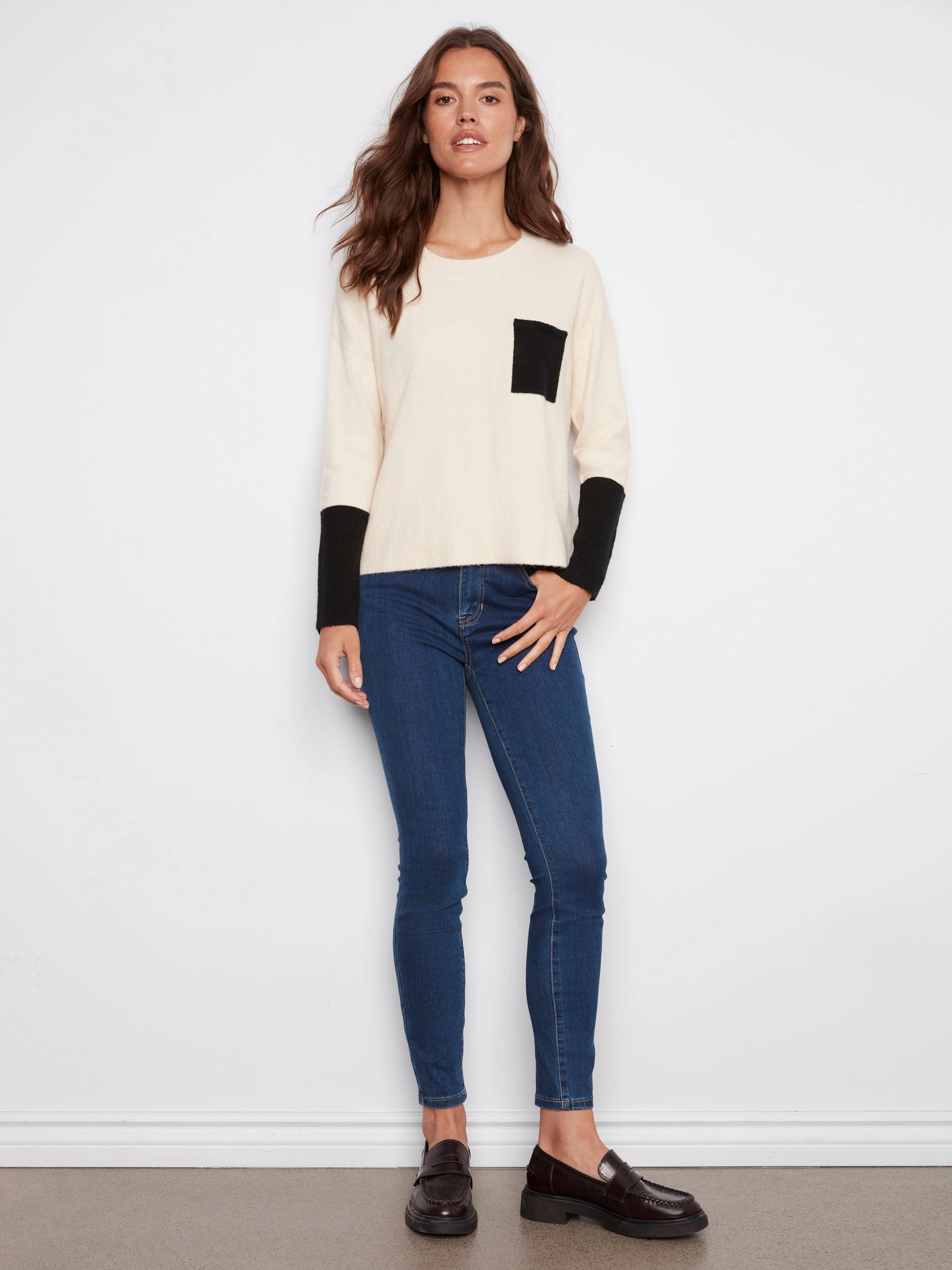 Crew Neck Sweater With Contrast Details - Ecru Office Flexible Shoulder Cut