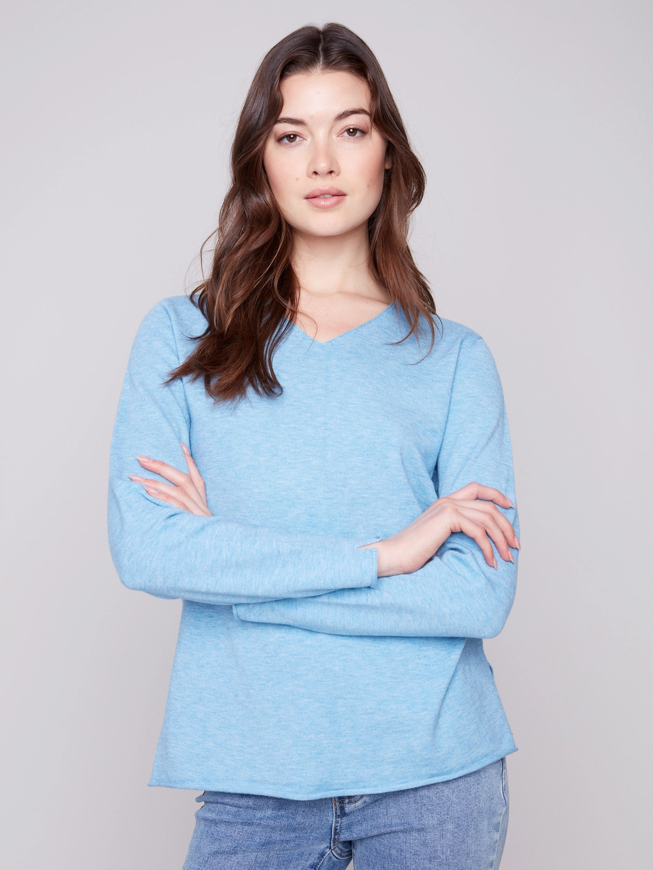Solid Color Basic V-Neck Sweater - Heather Oxford