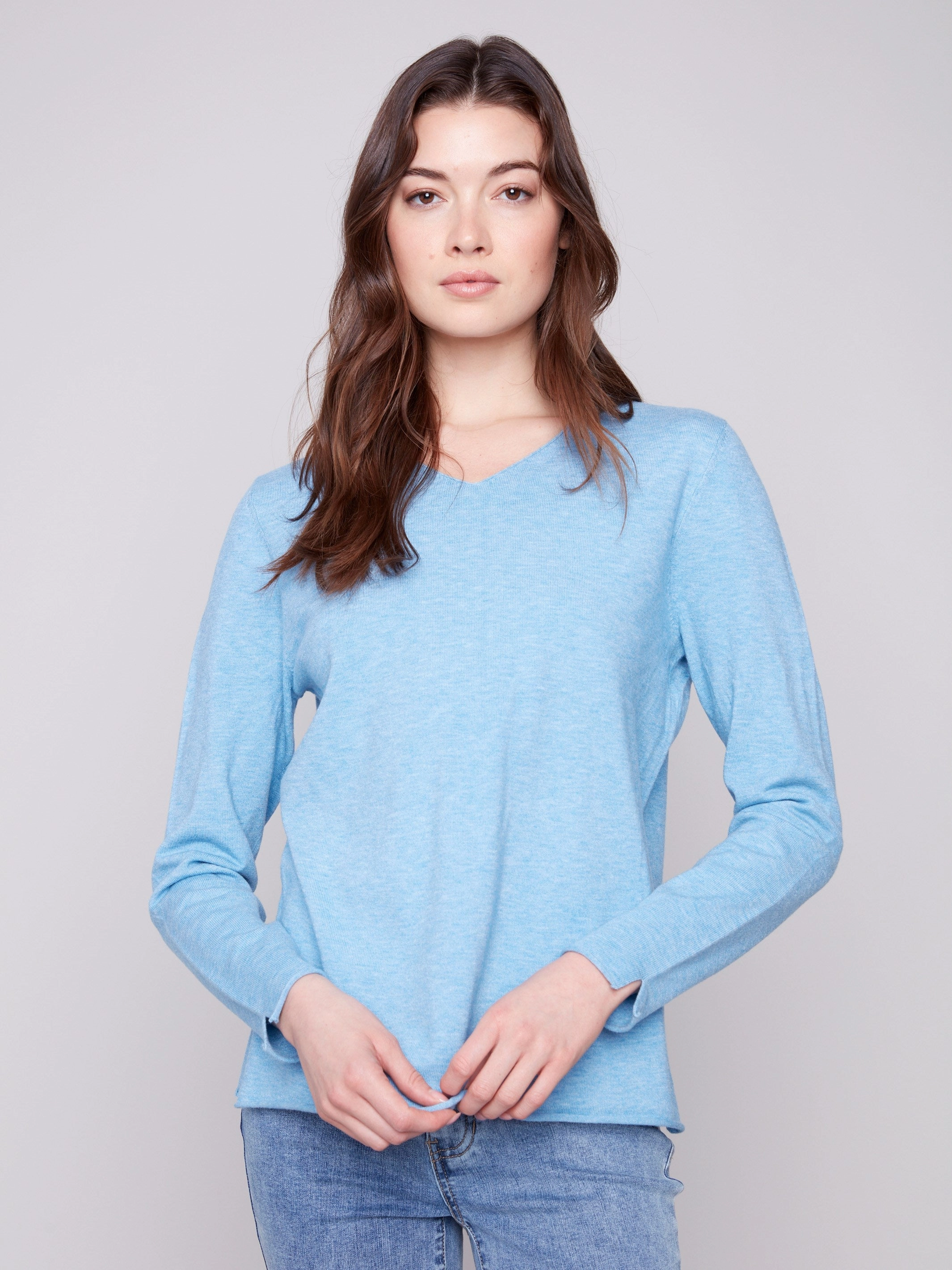 Basic V-Neck Sweater - Heather Oxford pattern