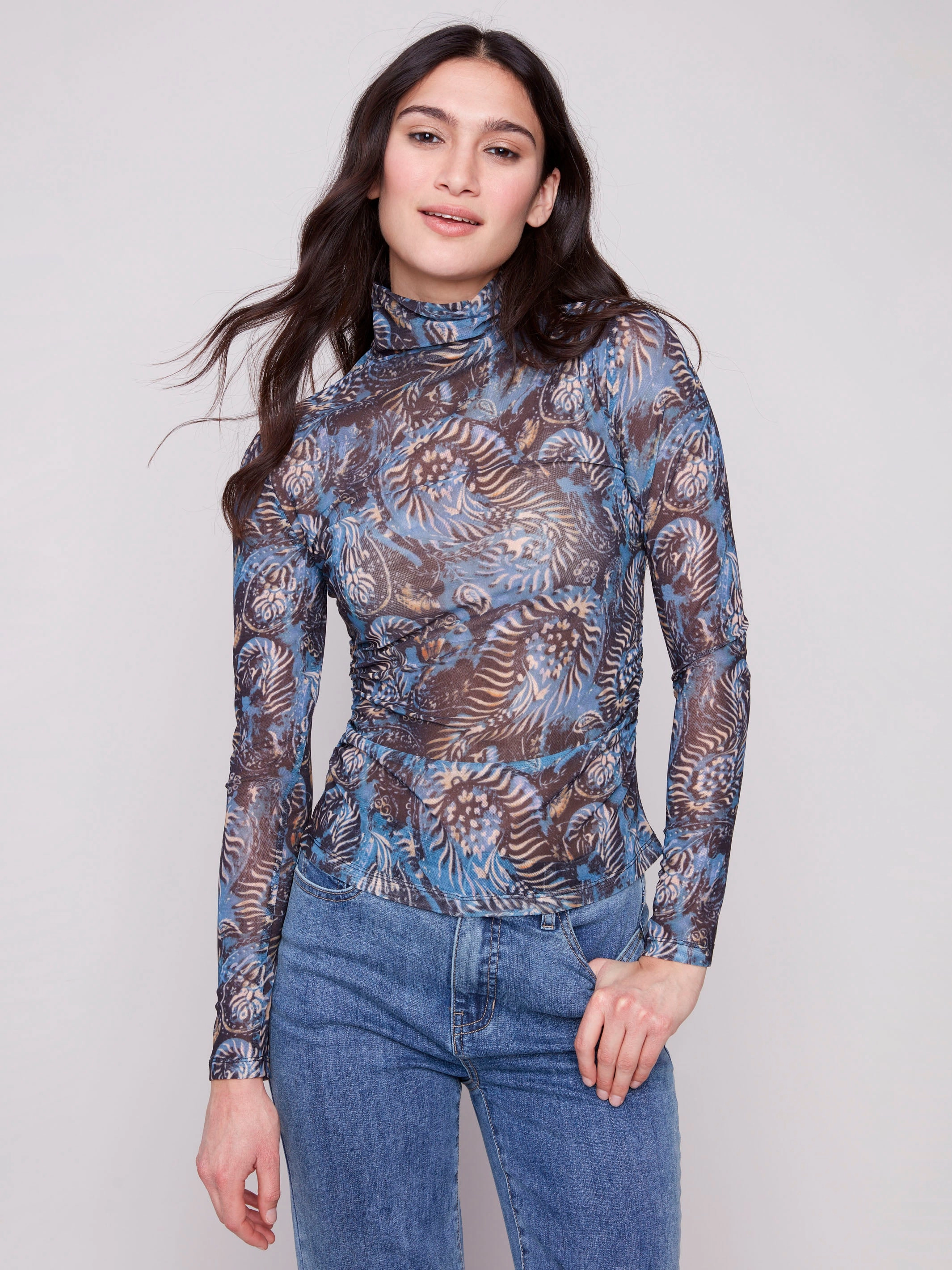 Printed Mock Neck Mesh Top - Midnight Weekend - wear shopping