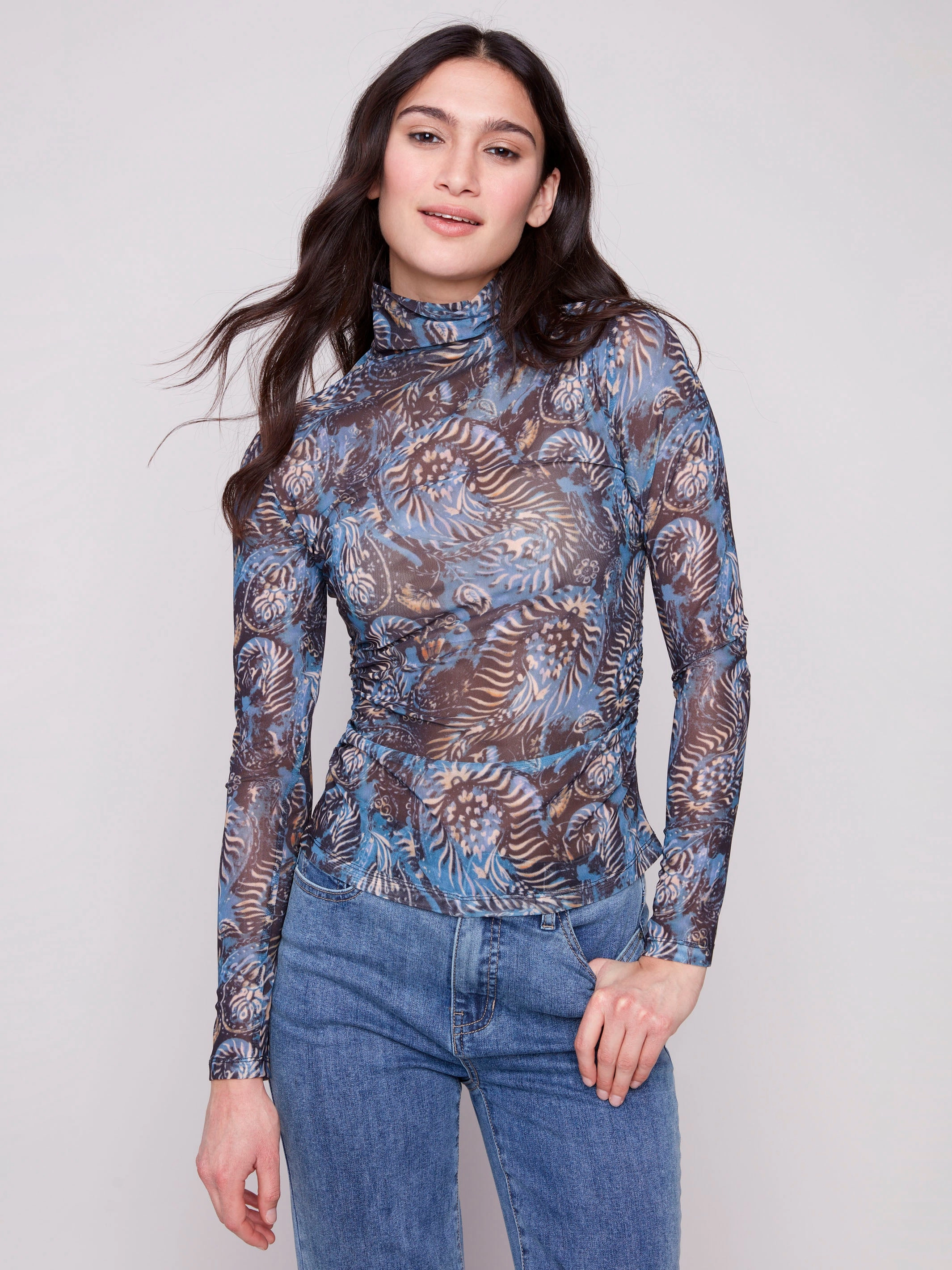 Printed Mock Neck Mesh Top - Midnight UniversalFit StretchKnit