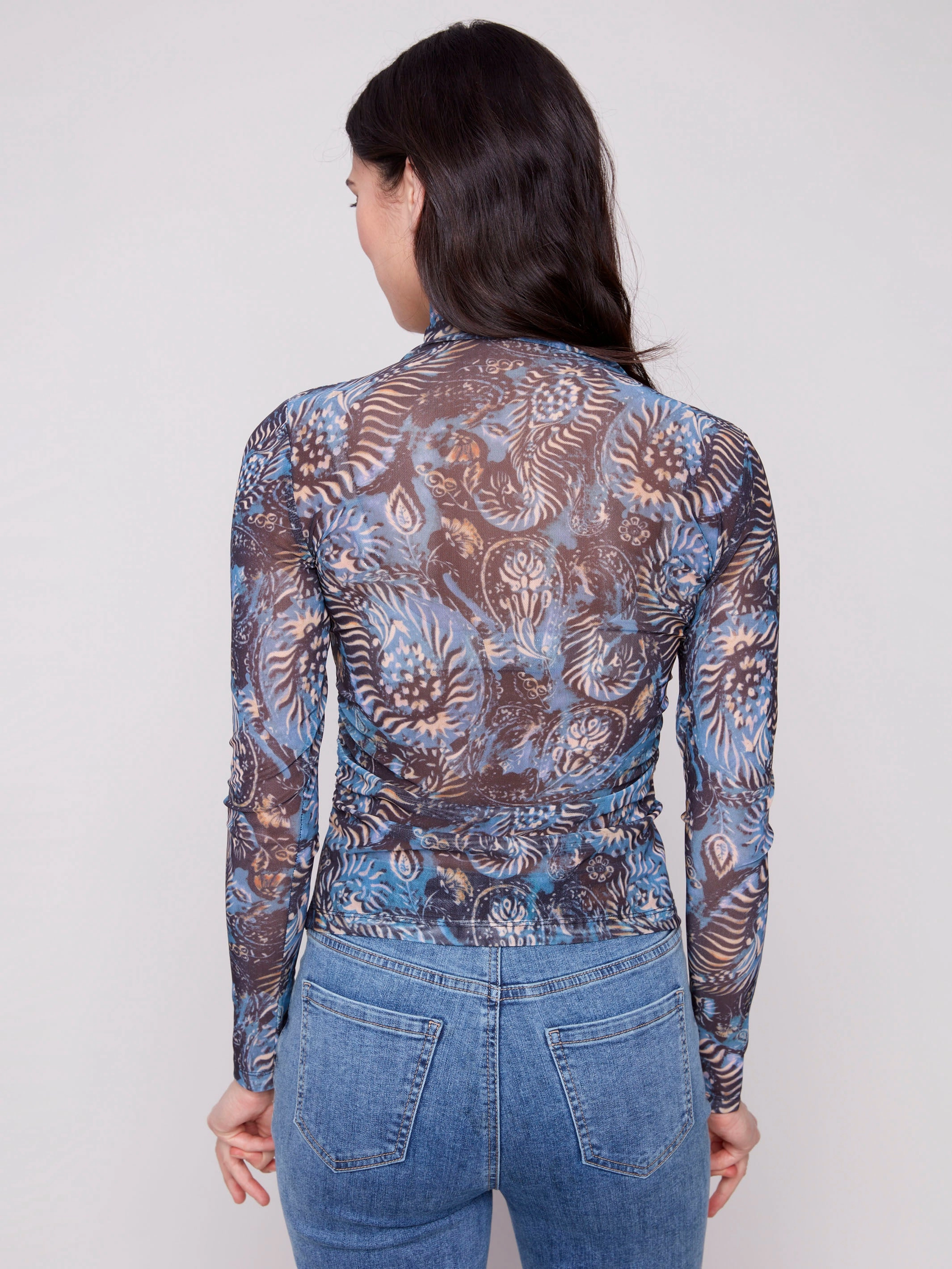 Printed Mock Neck Mesh Top - Midnight Sustainable Production Certified