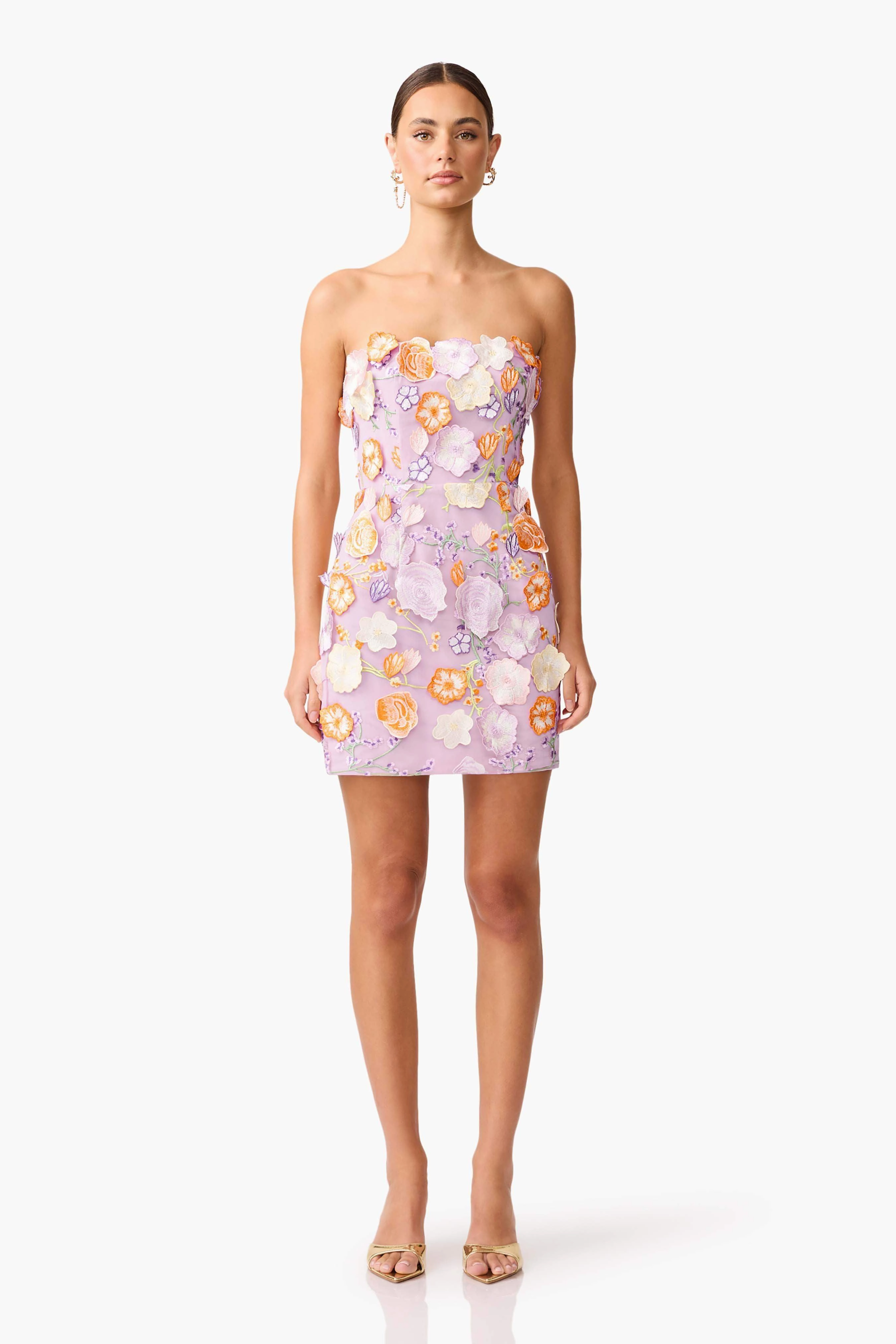 Easy Match Arabella Strapless Floral Mini Dress in Orange & Purple
