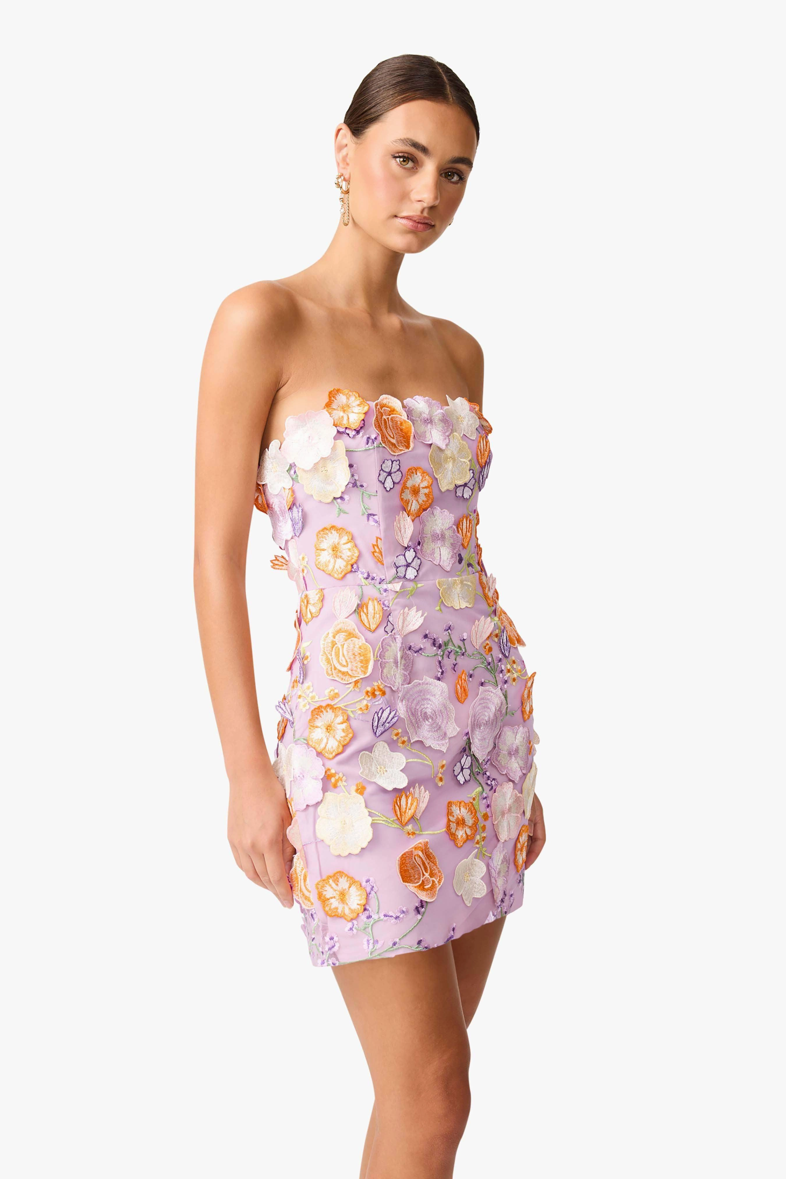 Feminine fit-and-flare silhouette Calm Flow Arabella Strapless Floral Mini Dress in Orange & Purple