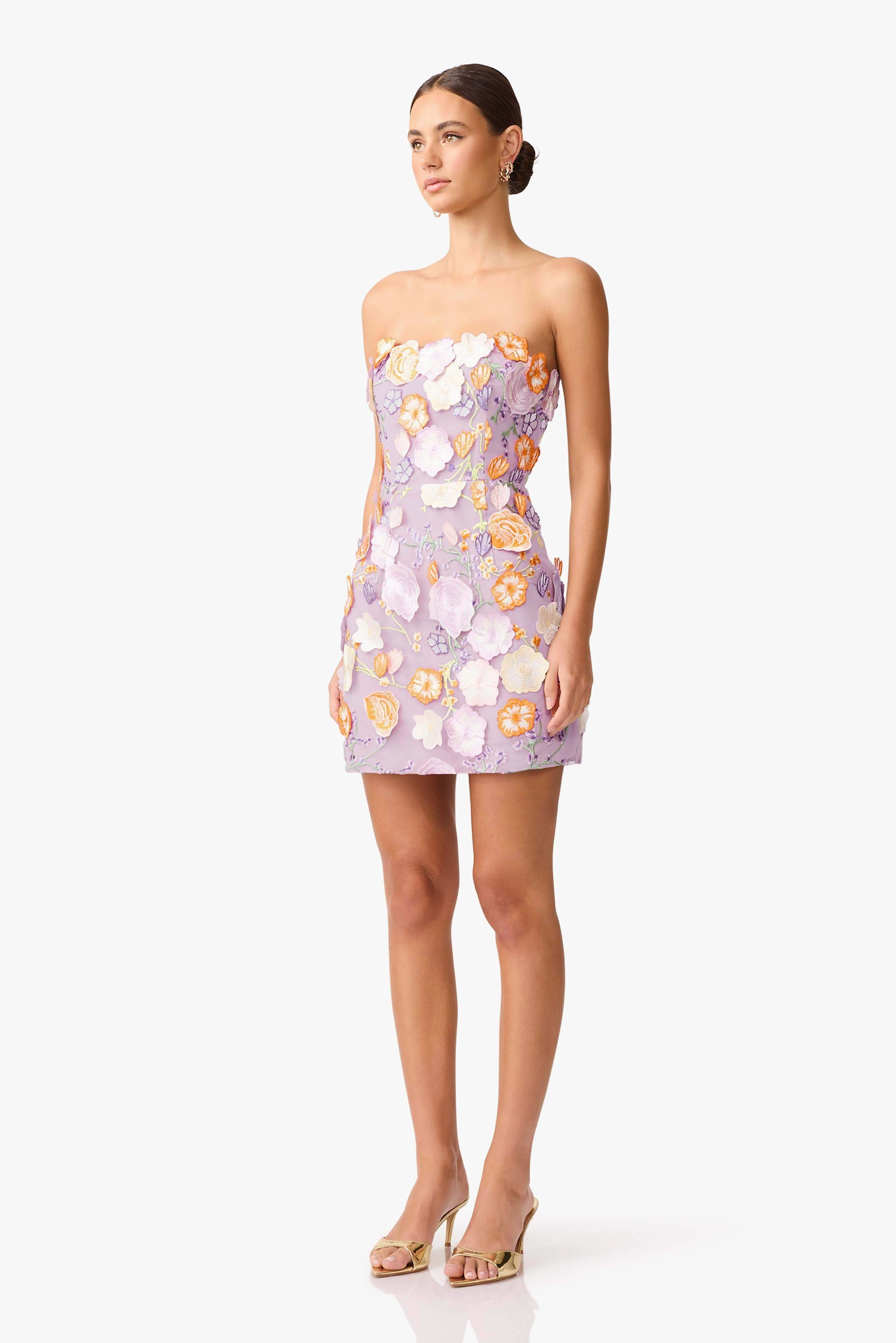 Sleek Touch tailored look Arabella Strapless Floral Mini Dress in Orange & Purple