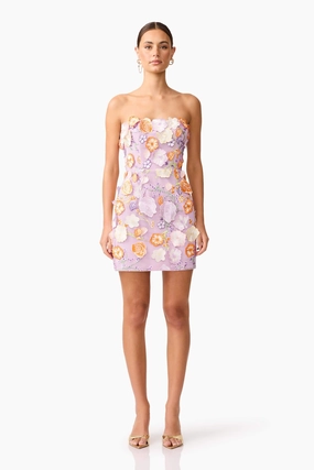 Easy Match Arabella Strapless Floral Mini Dress in Orange & Purple