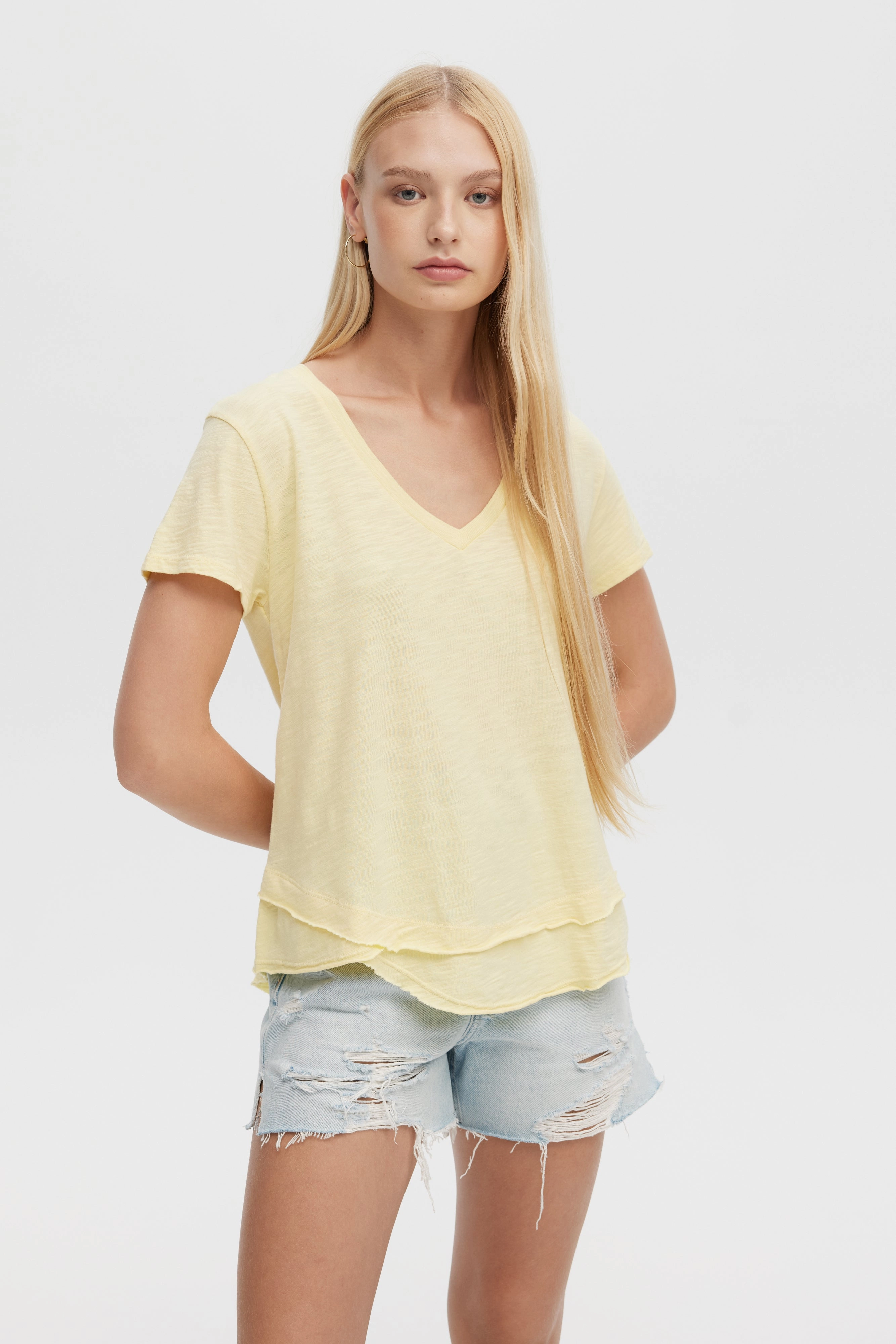 AVA V-NECK MOCK LAYER TEE Water Soul