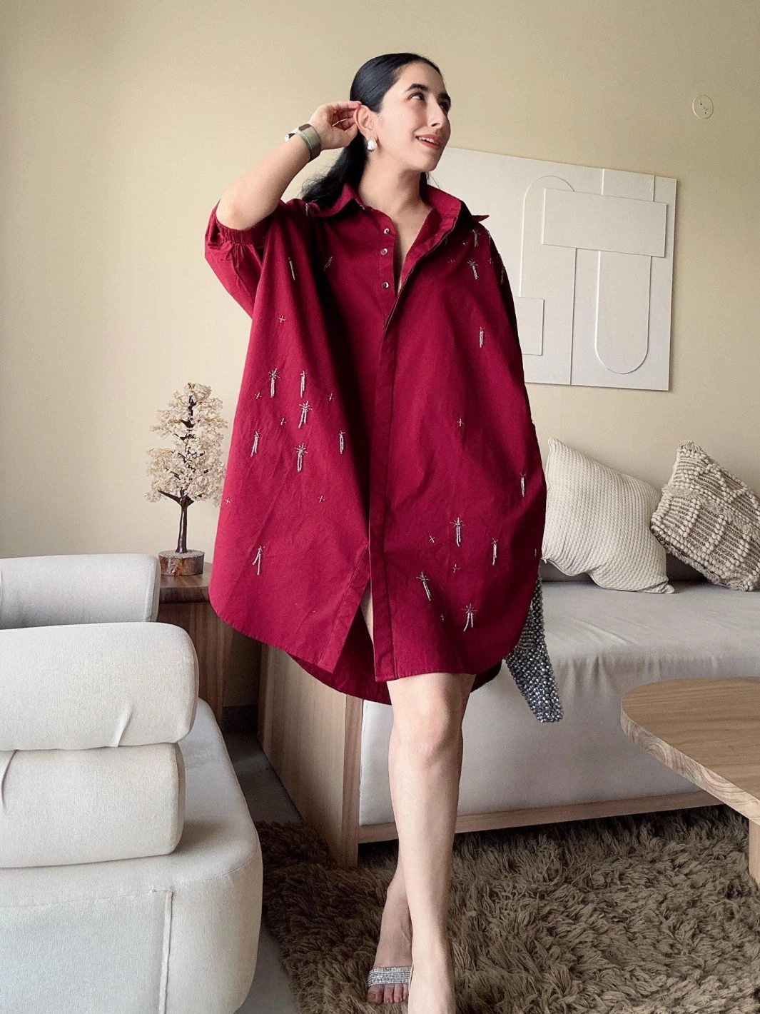 Gentle Look Shine Soft Aviory Embroidered Freesize Shirt Dress