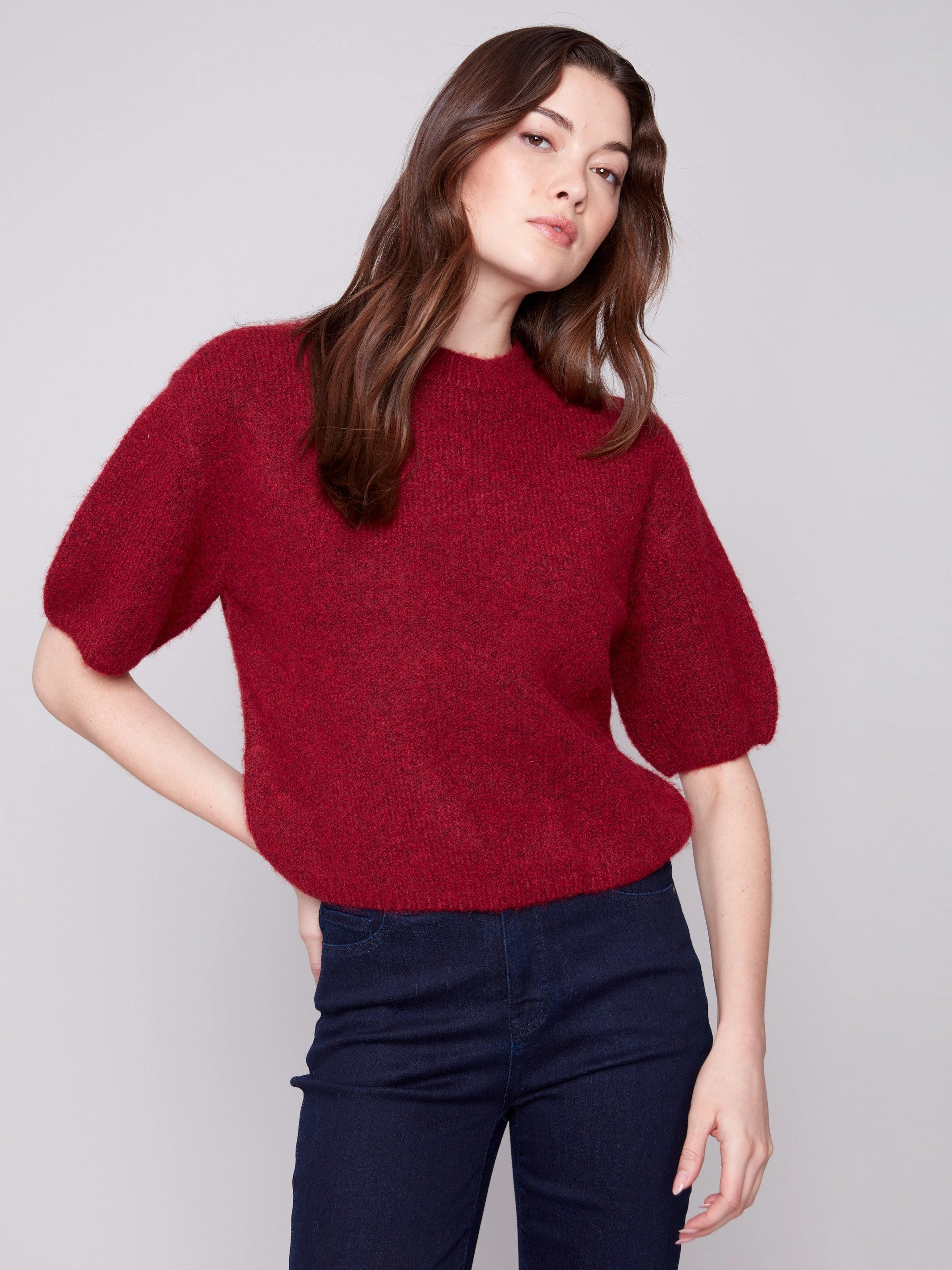 Quick Dry Material Fresh Outfit Balloon Elbow Sleeve Knit Sweater - Cabernet