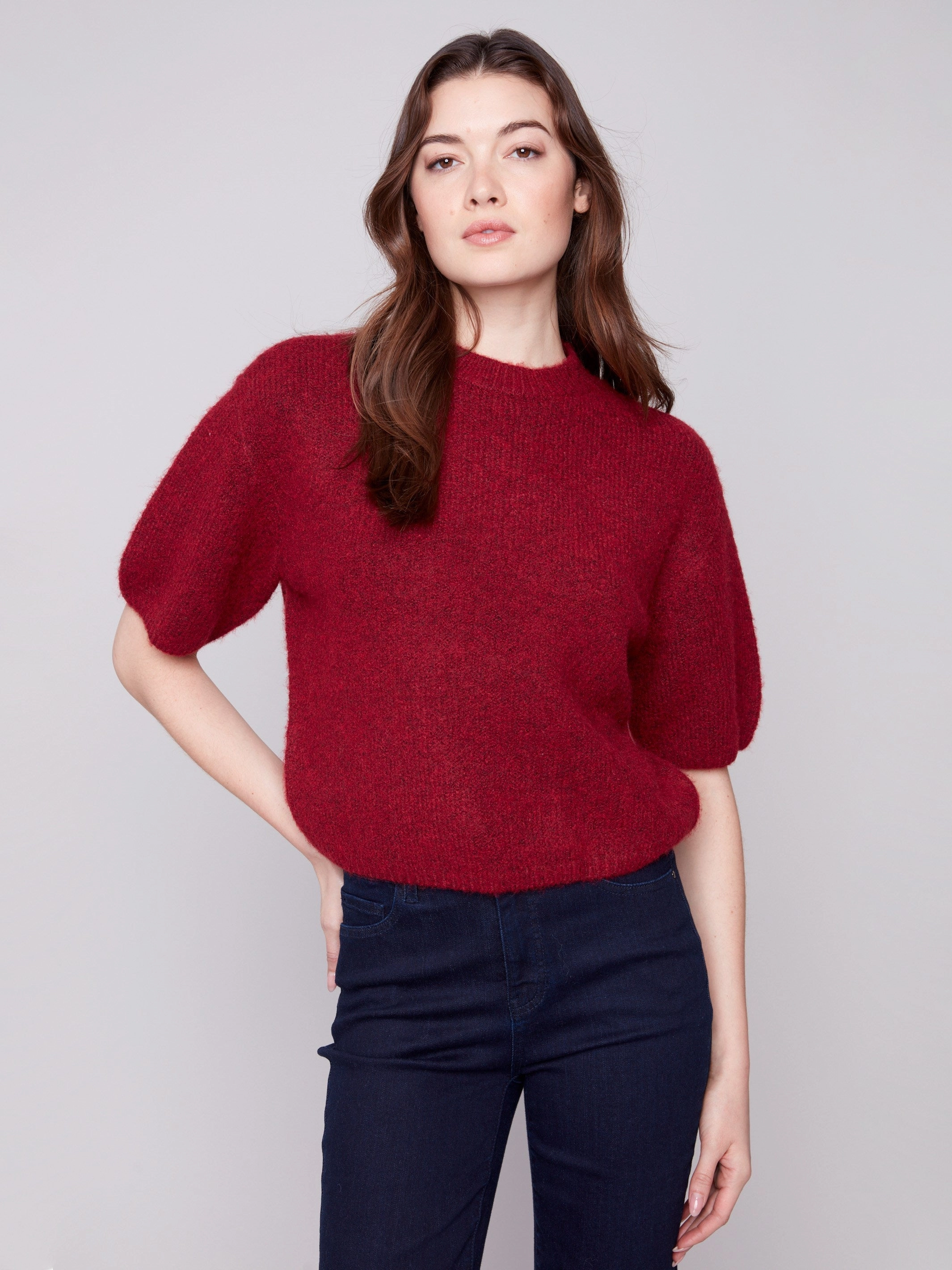 All-Purpose Comfort Slim Fit Design Balloon Elbow Sleeve Knit Sweater - Cabernet