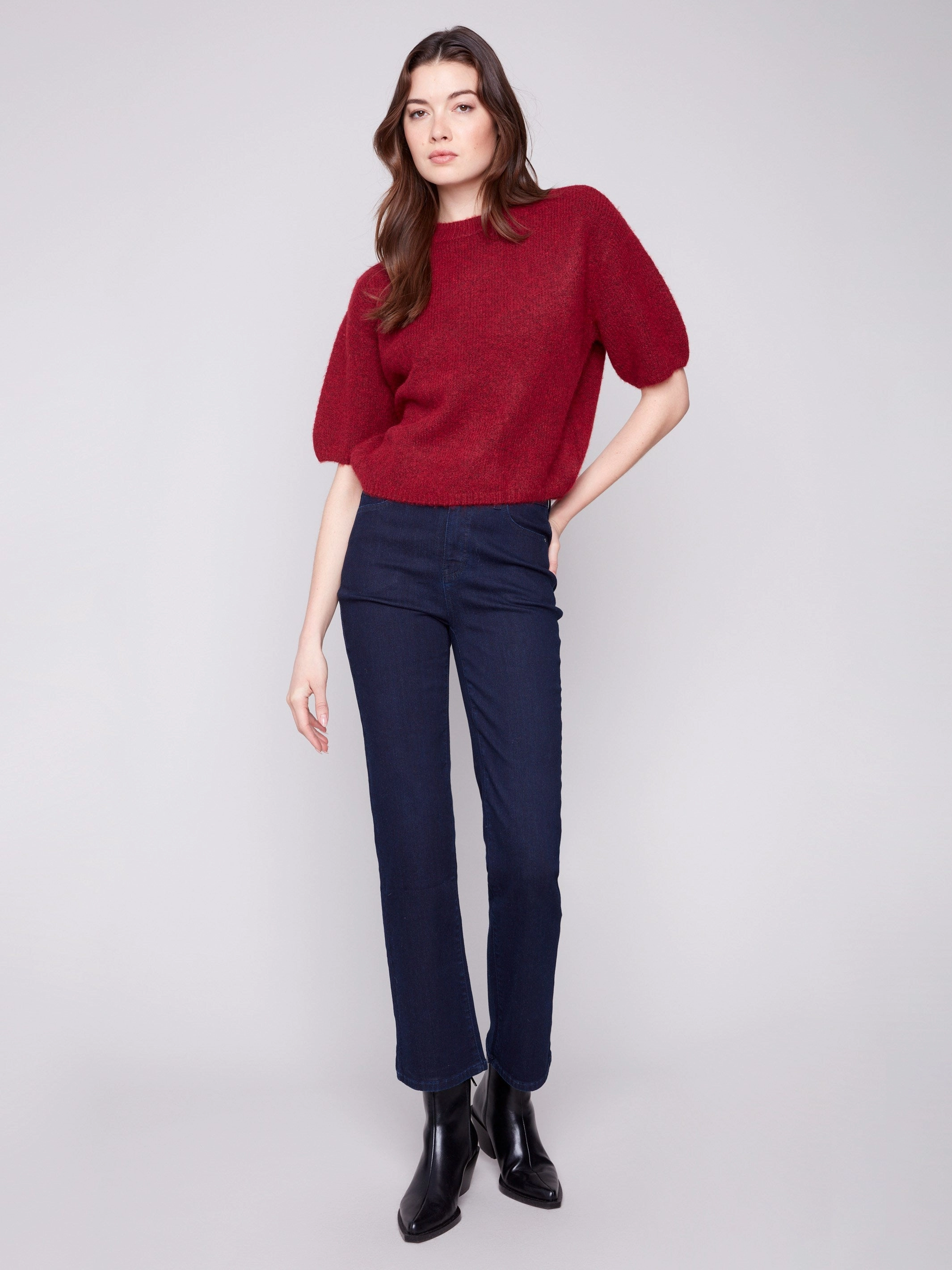Balloon Elbow Sleeve Knit Sweater - Cabernet Minimal Fit