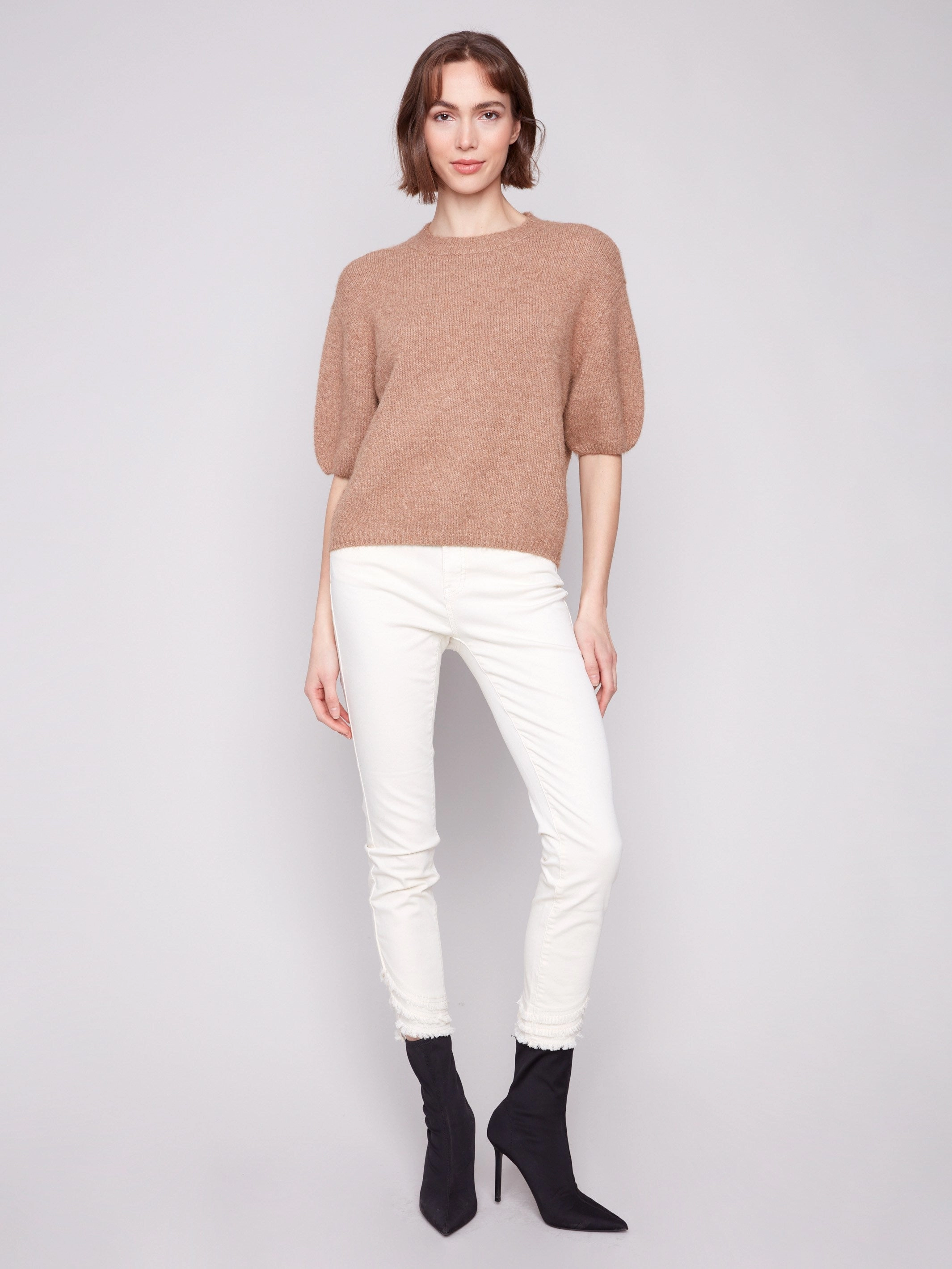 Soft Layering Balloon Elbow Sleeve Knit Sweater - Sesame