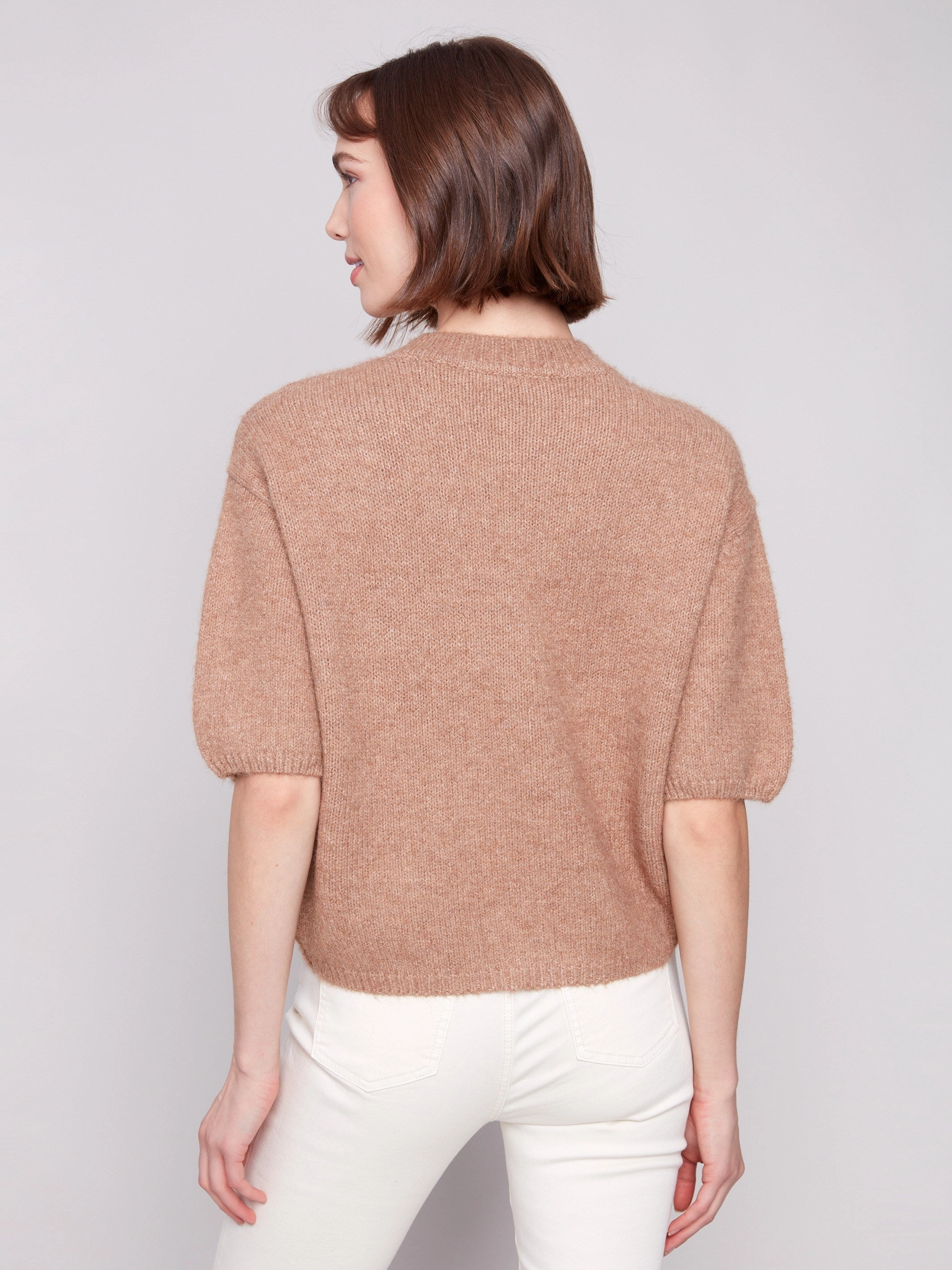 Balloon Elbow Sleeve Knit Sweater - Sesame Minimal Style Trend