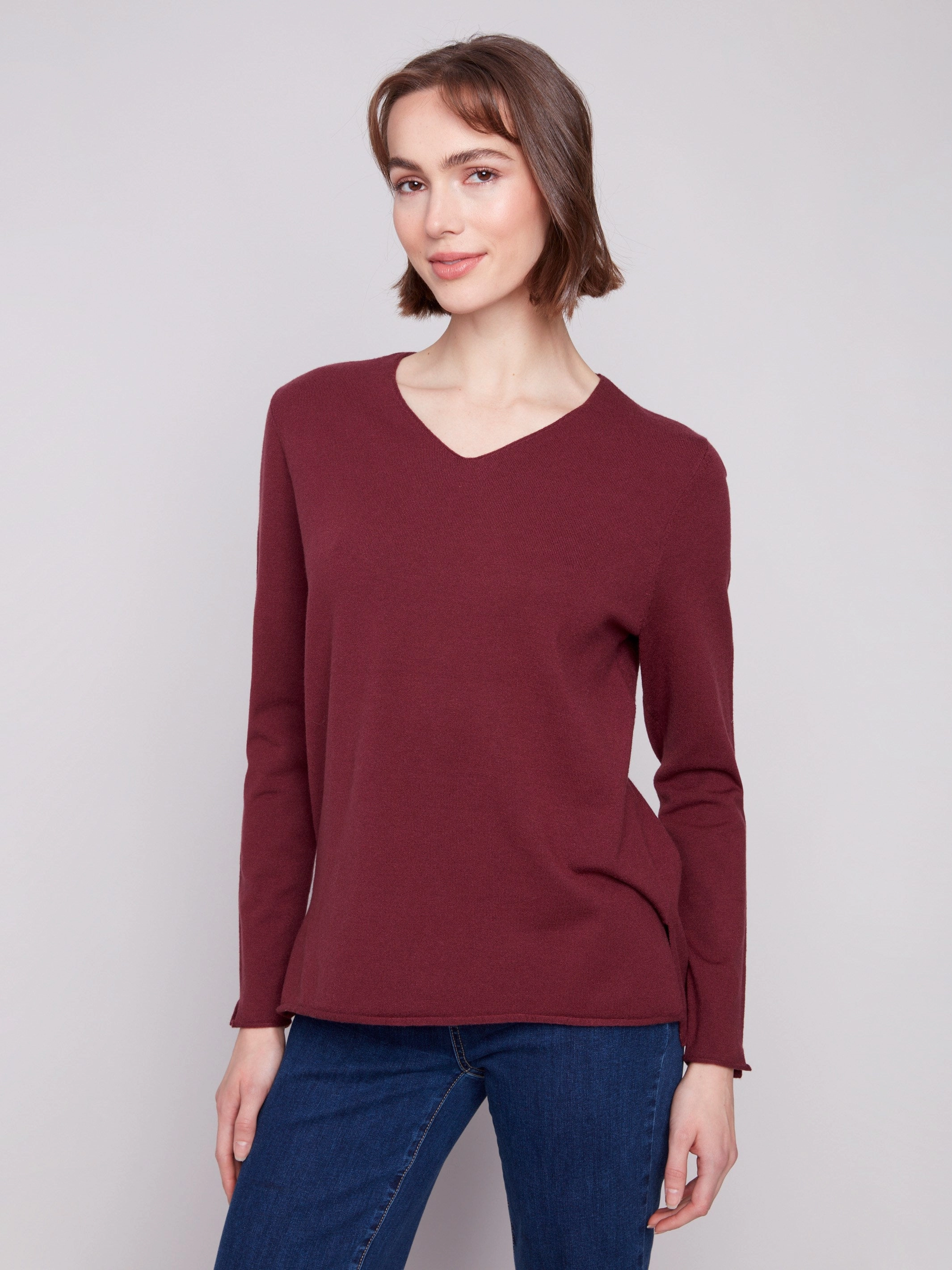 Vegan Embellish Basic V-Neck Sweater - Cabernet