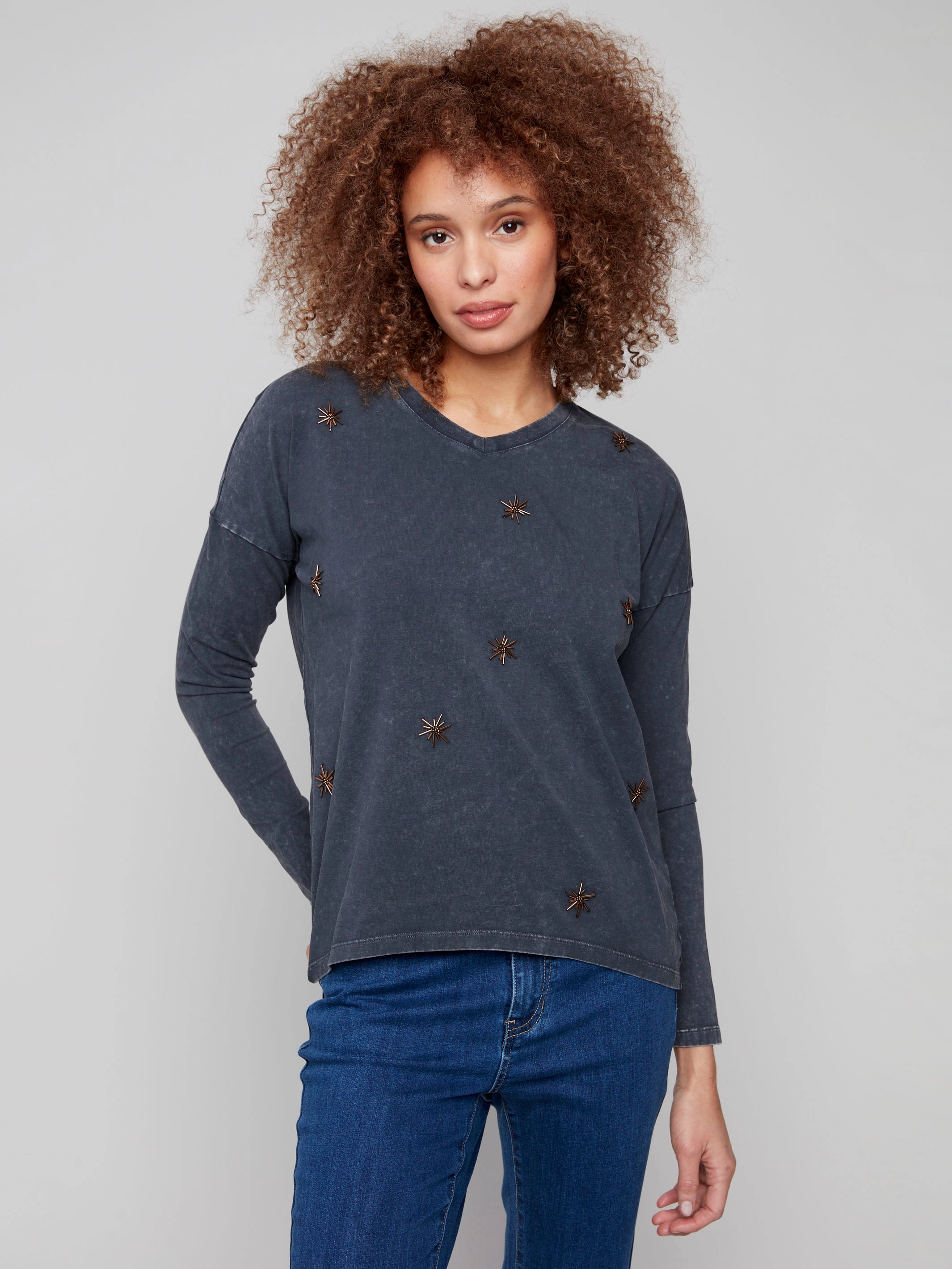 MultiPocket Design Convertible Sleeve Adaptation Beaded Vintage Wash V-Neck Knit Top - Charcoal