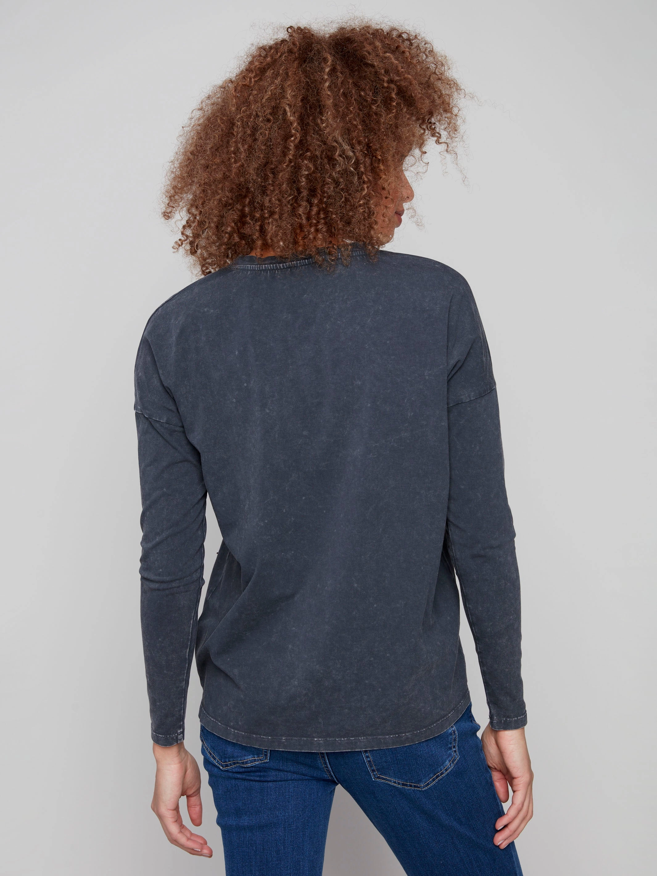 StretchableKnit Beaded Vintage Wash V-Neck Knit Top - Charcoal