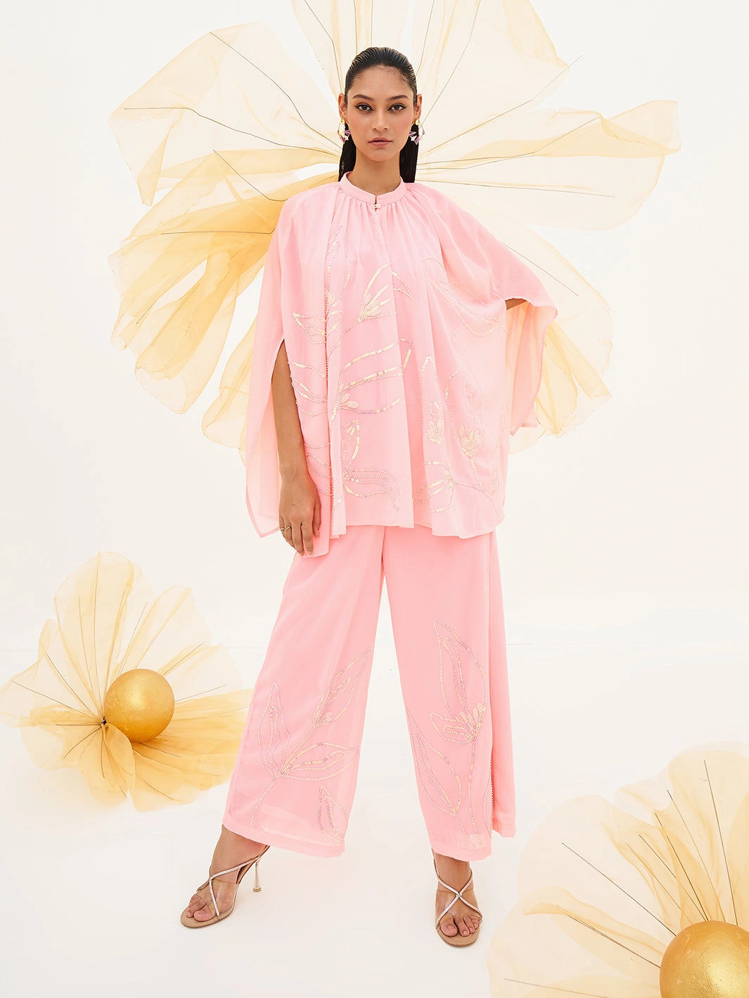 Fresh Tones Peachiose Embroidered Kaftan with Pants Set