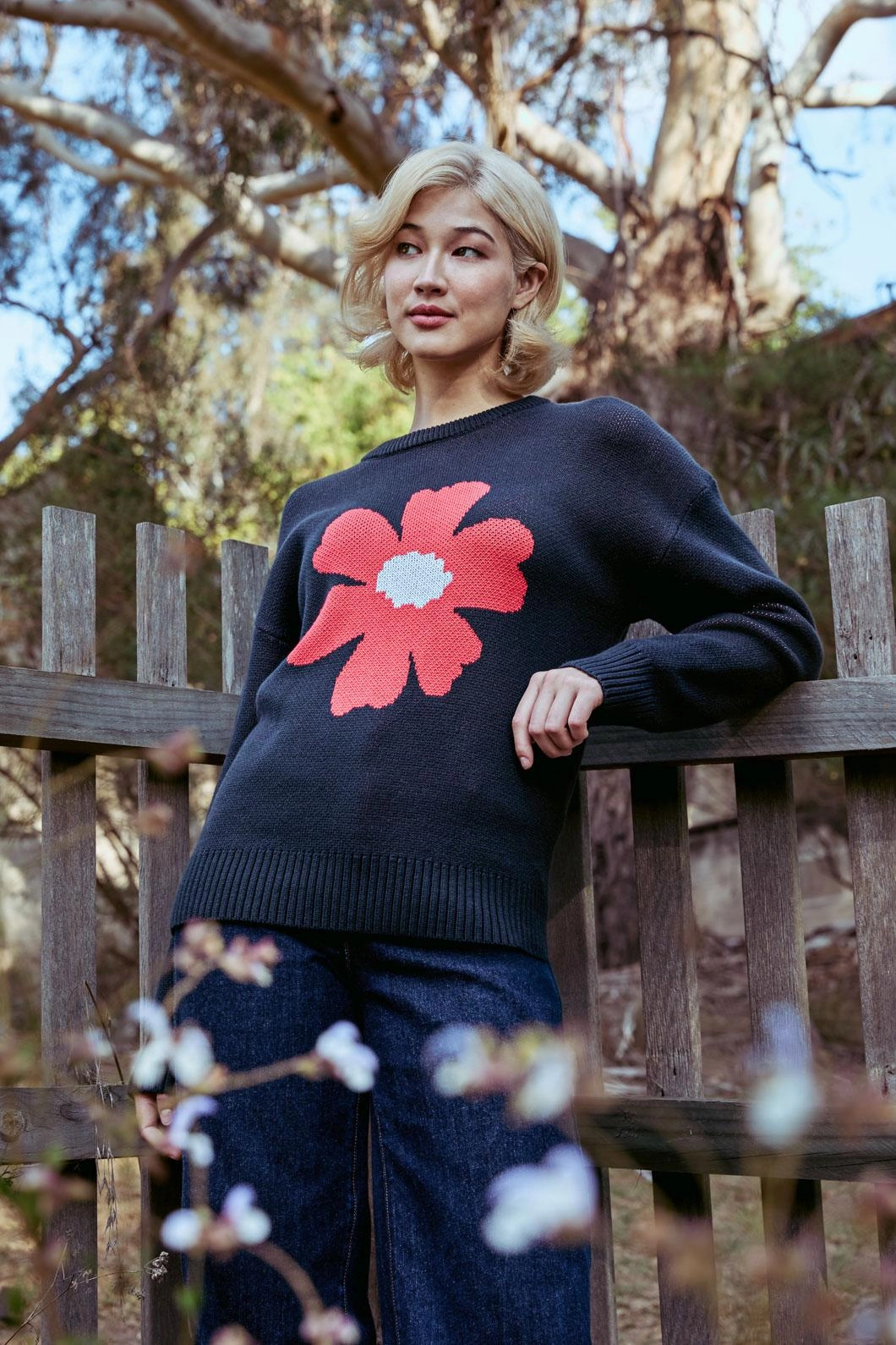 Multipanel Construction Big Flower Knit Jumper
