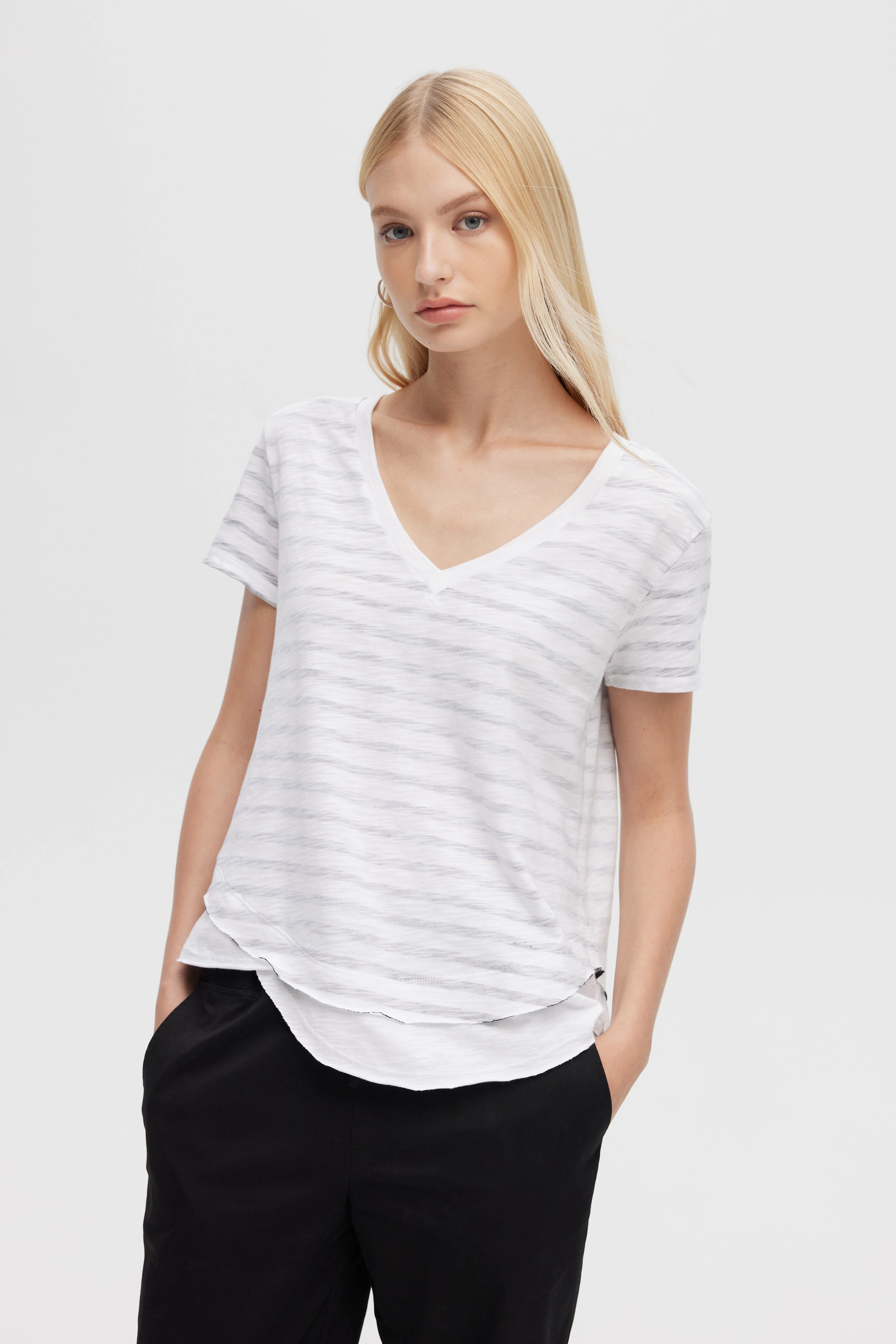 AVA STRIPED V-NECK MOCK LAYER TEE Essential Shirt