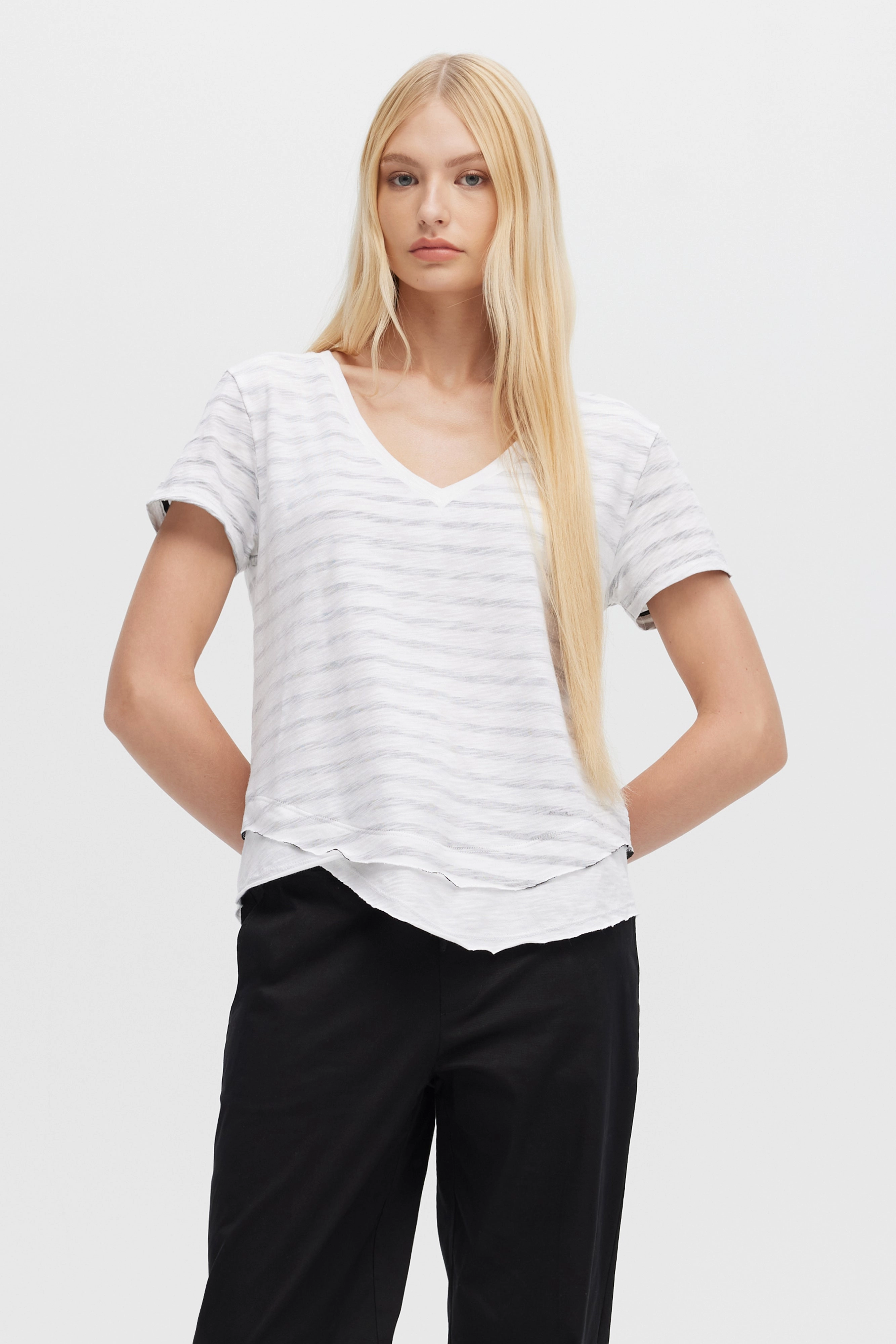 AntiSnagFabric AVA STRIPED V-NECK MOCK LAYER TEE