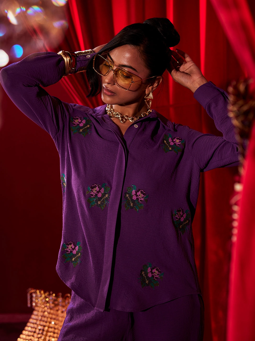 Elegant Waistband Fit Bloomingdale Cross Stitch Co-ord Set