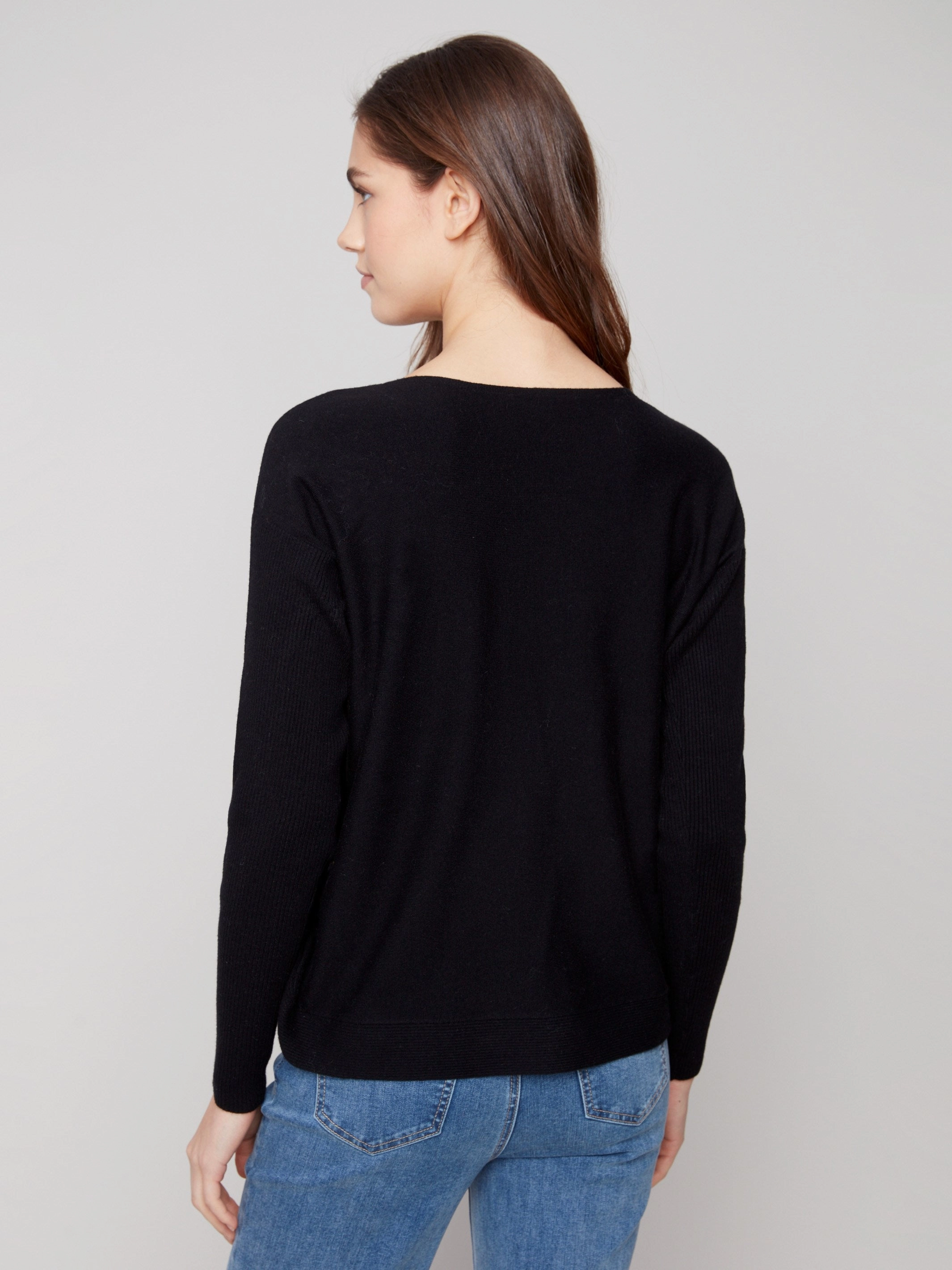 Spice Satinette Boat Neck Sweater With Side Buttons - Black